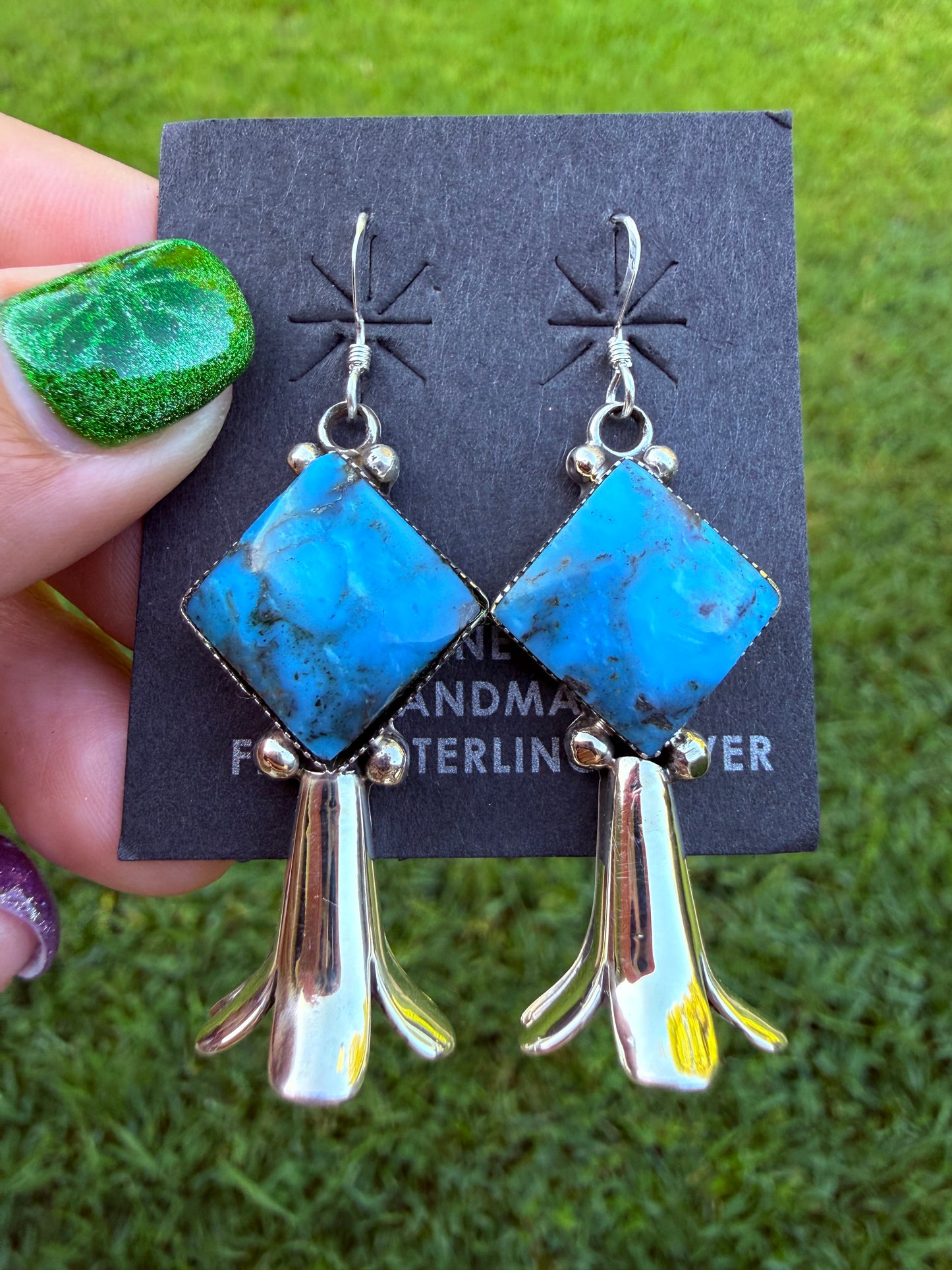 Navajo Turquoise Diamond Squash Horn Sterling Silver Earrings