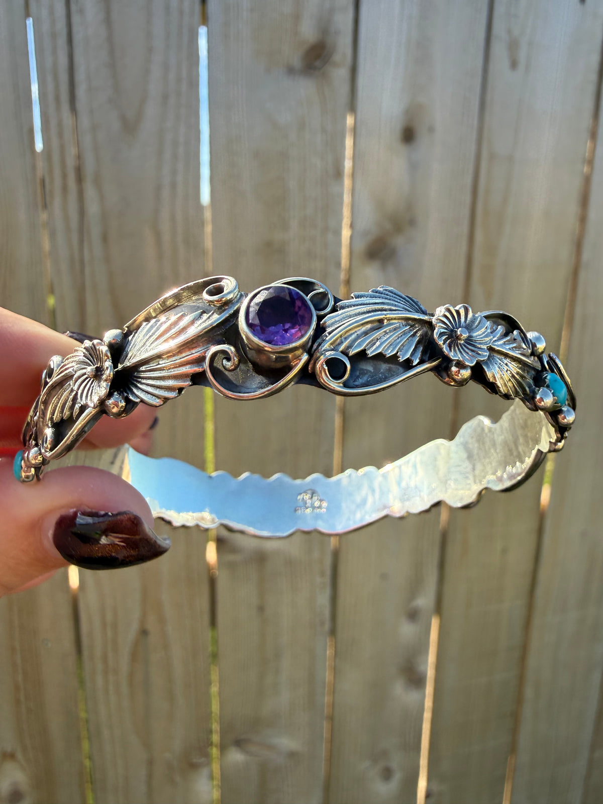 Navajo Amethyst and Turquoise Flower and Detailed Accent Sterling Silver Bangle Cuff Bracelet