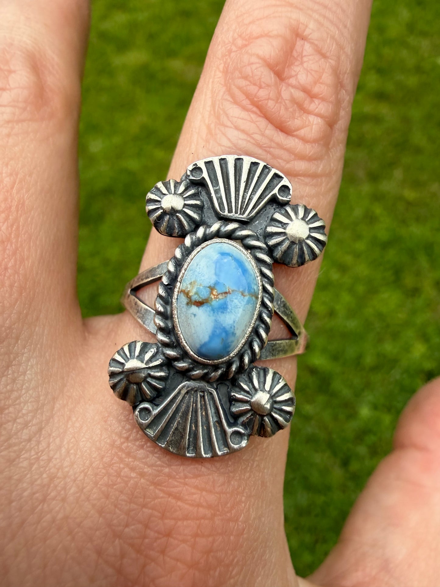 Navajo Golden Hills Turquoise Bow Tie Sterling Silver Ring Size 9
