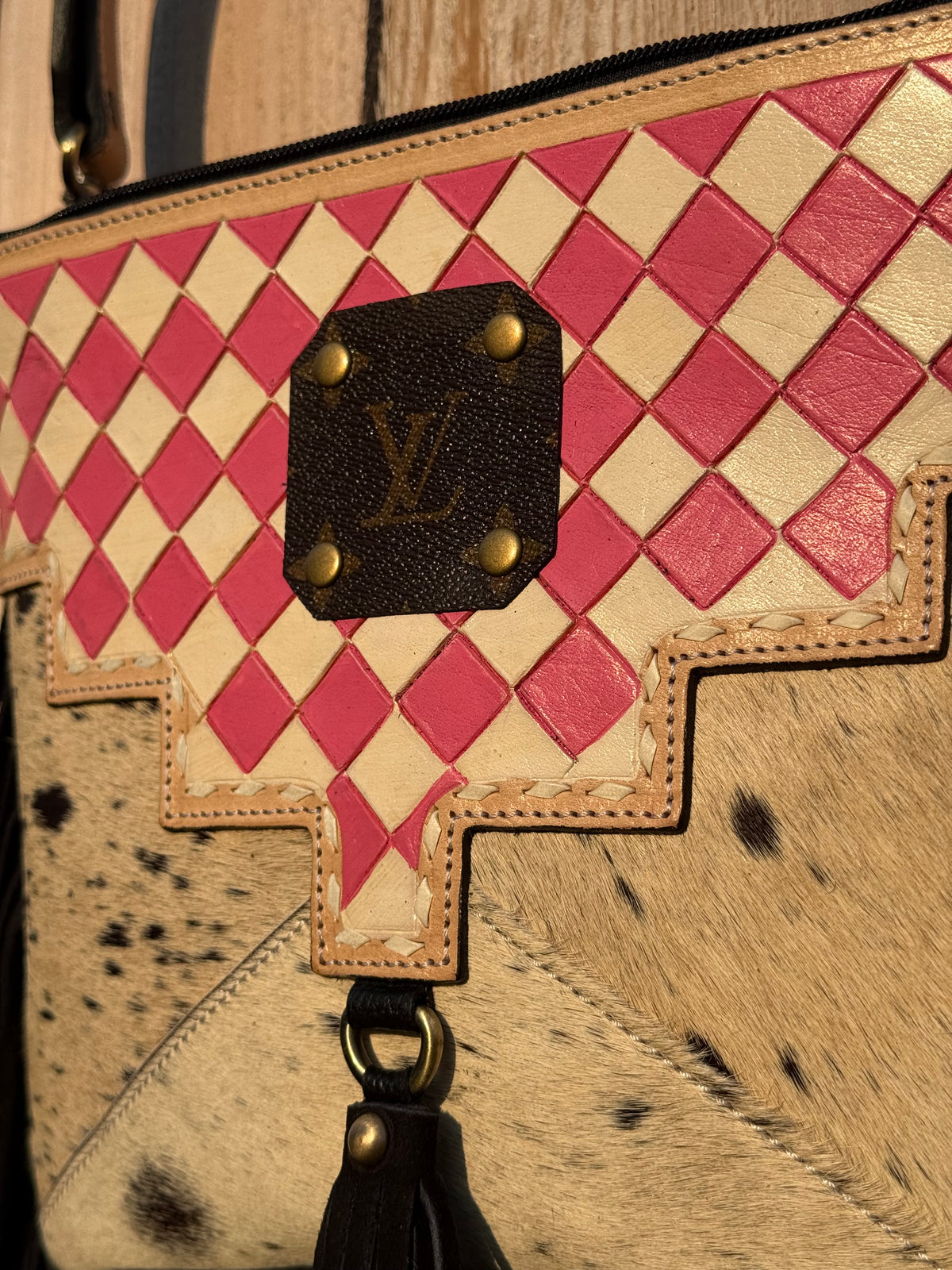 Upcycled LV Cowhide Leather Pink White Checkered Crossbody 