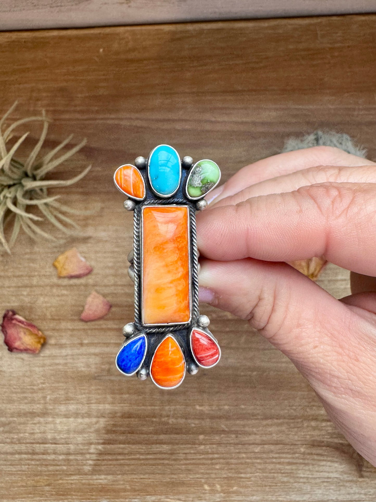 Long Ring- Size 5 - mix stone turquoise, spiny and sterling silver