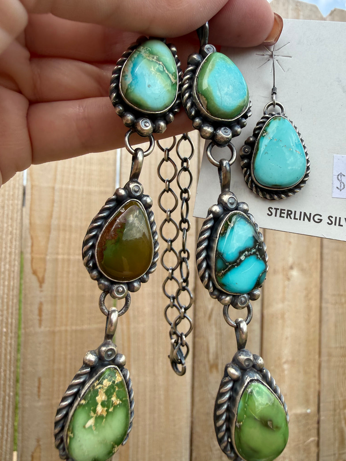 Navajo Sonoran Gold Turquoise Sterling Silver Full Flower Statement Necklace and Earrings