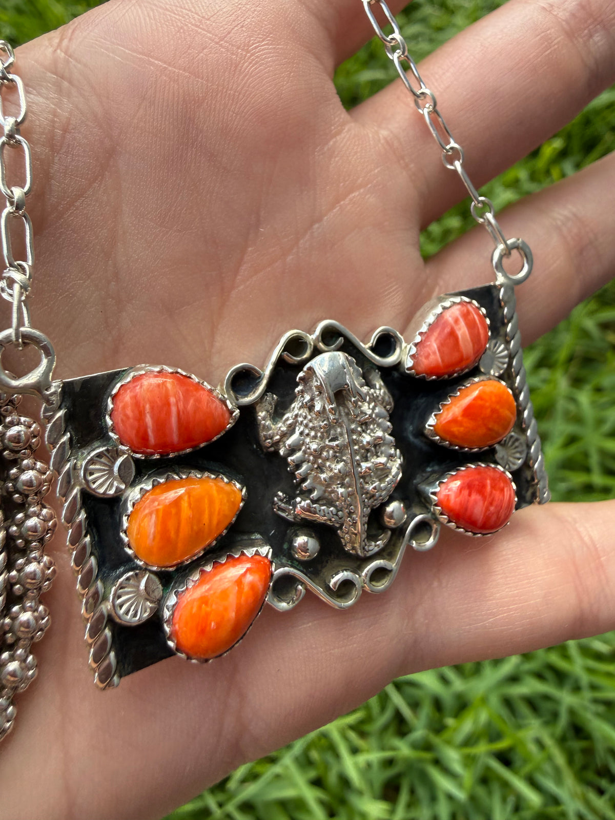 Navajo Horny Toad Orange Spiny Bar Sterling Silver Necklace