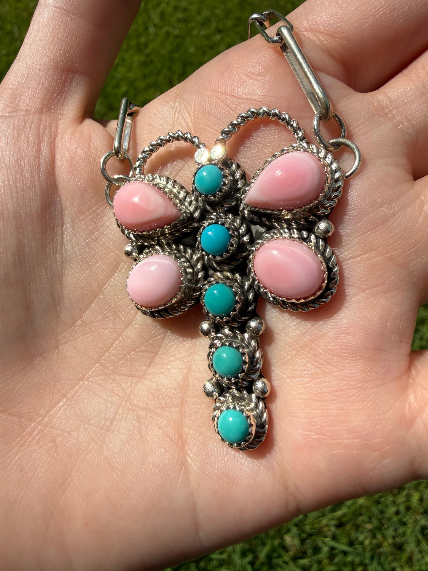Navajo Sleeping Beauty Turquoise and Pink Conch Dragonfly Sterling Silver Necklace