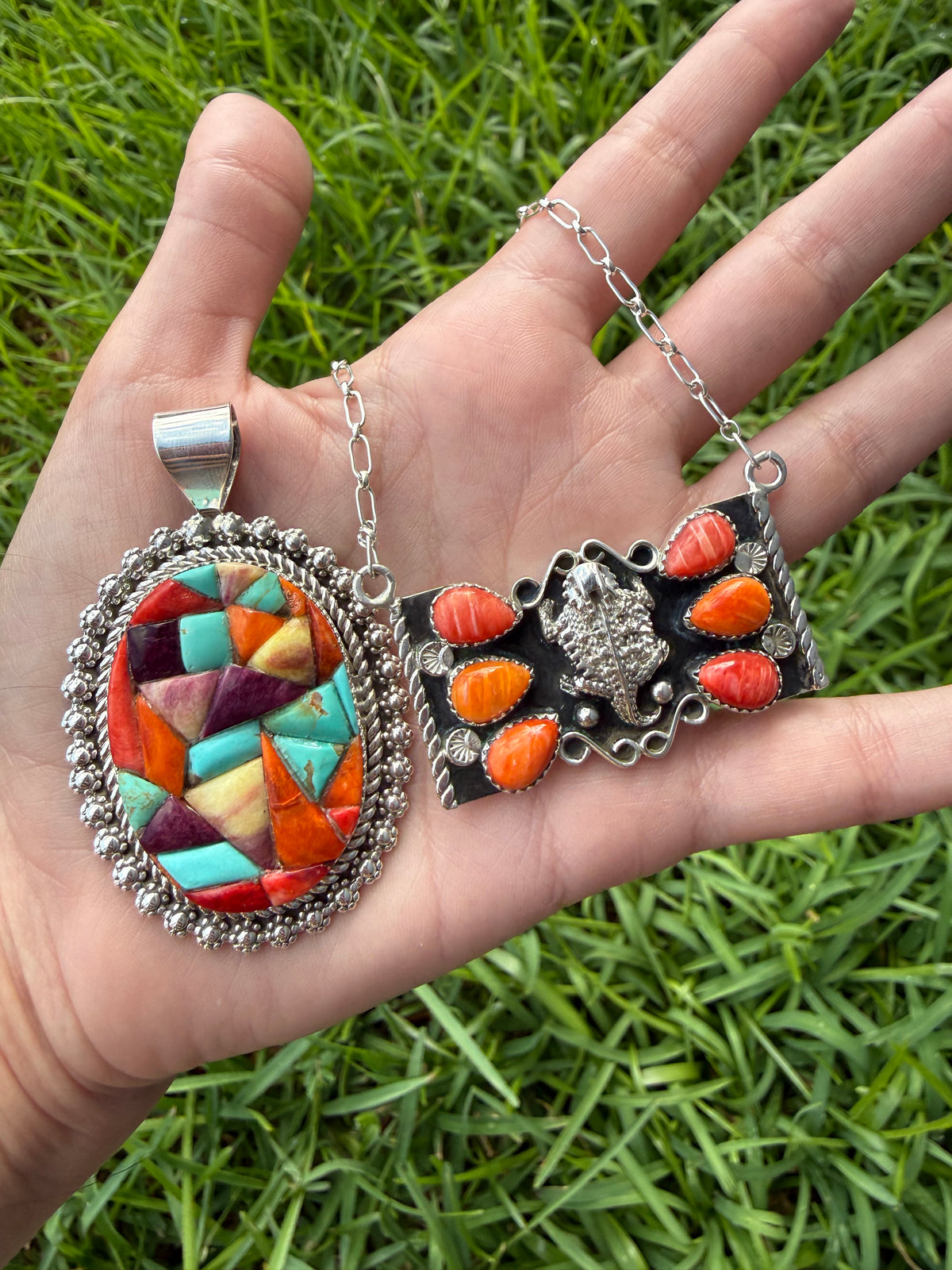 Navajo Horny Toad Orange Spiny Bar Sterling Silver Necklace