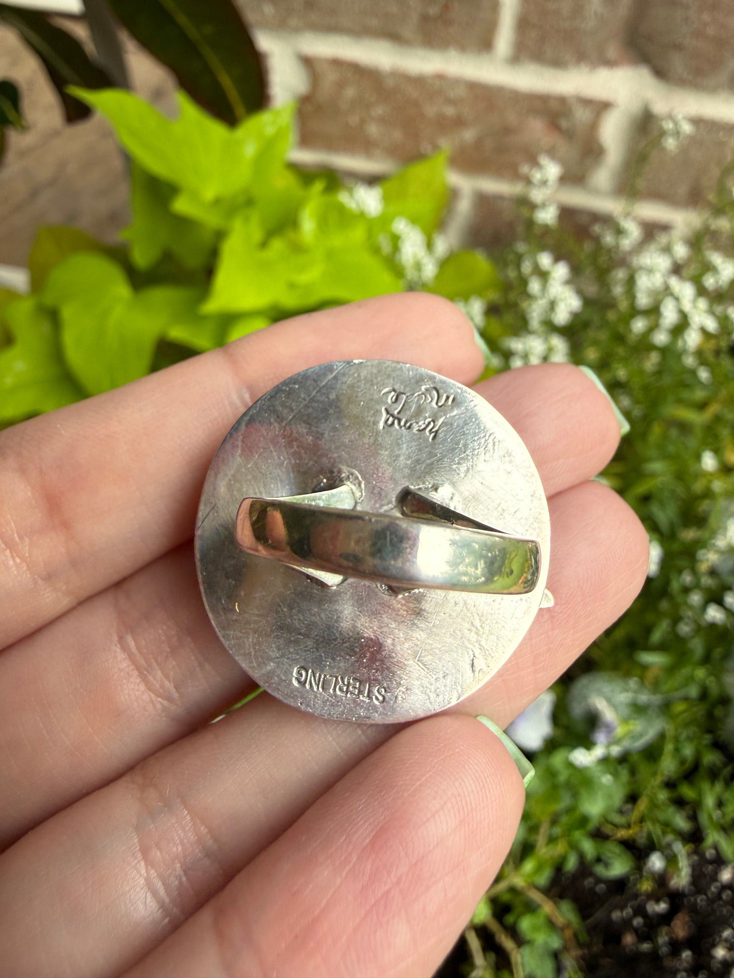 Bird with Turquoise Coin Style Sterling Silver Ring - Size 7.5