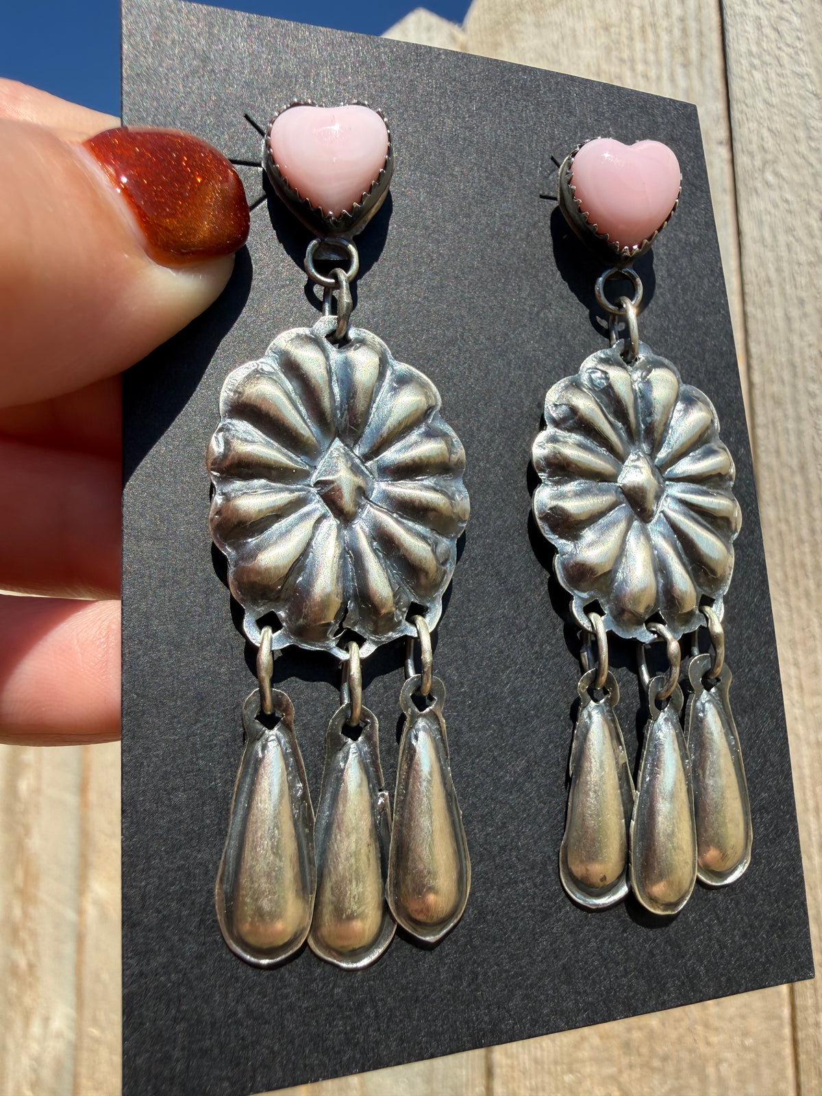 Navajo Heart Pink Conch Sterling Silver Concho Triple Dangle Earrings