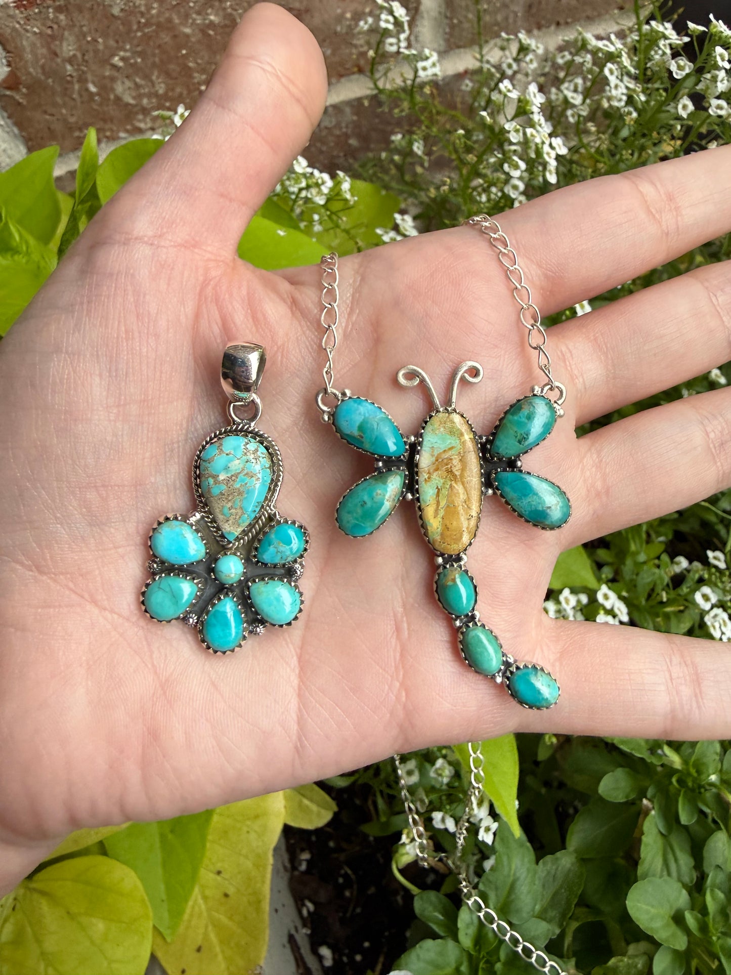 Mine 8 and Kingman Turquoise Dragonfly Necklace or Full Flower Sterling Silver Pendant