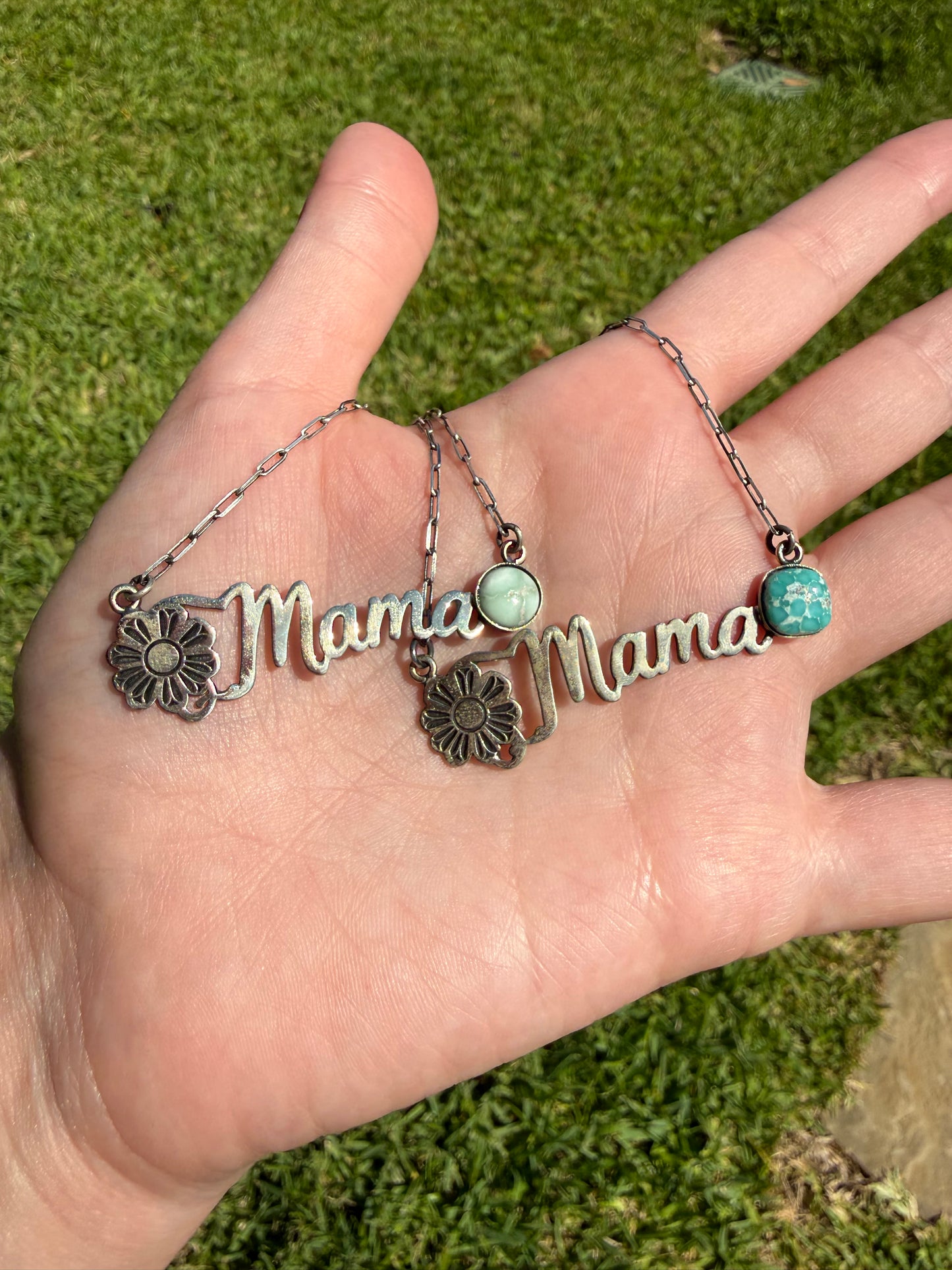 Mama Turquoise Bar With Flower Accent Sterling Silver Necklace