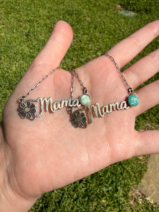 Mama Turquoise Bar With Flower Accent Sterling Silver Necklace