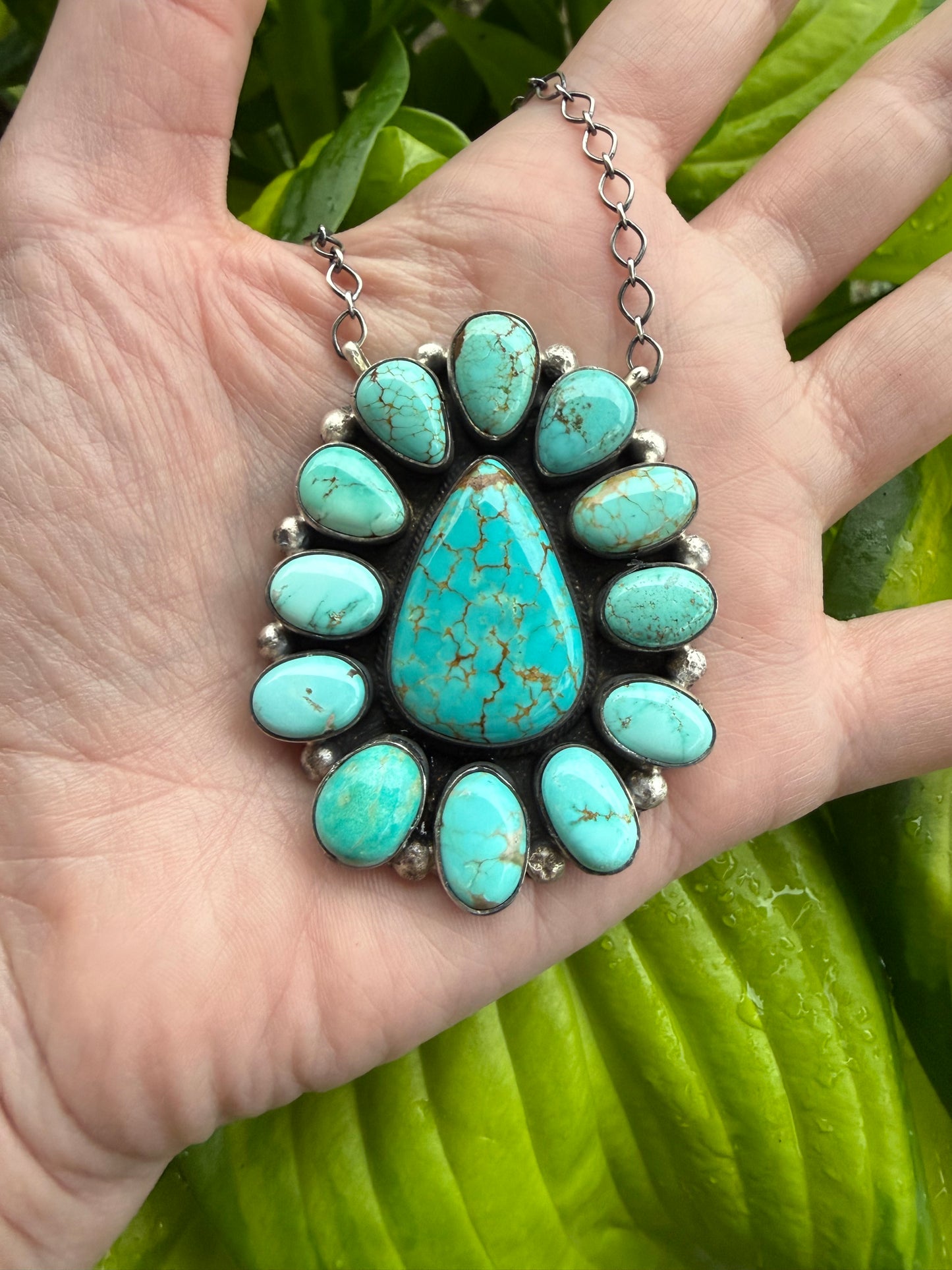 Navajo Royston Turquoise Full Flower Cluster Sterling Silver Necklace by Lorenzo Juan