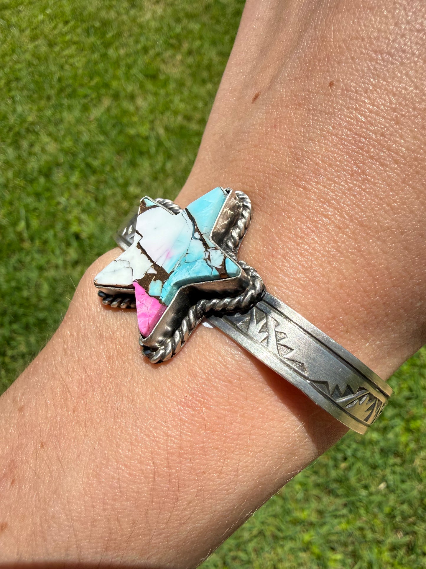 Navajo Cotton Candy Turquoise Star Sterling Silver Stamped Cuff Bracelet
