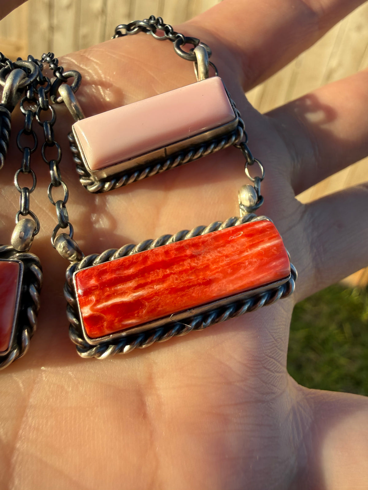 Navajo Classic Bar Pink Conch or Red Spiny Sterling Silver Necklace