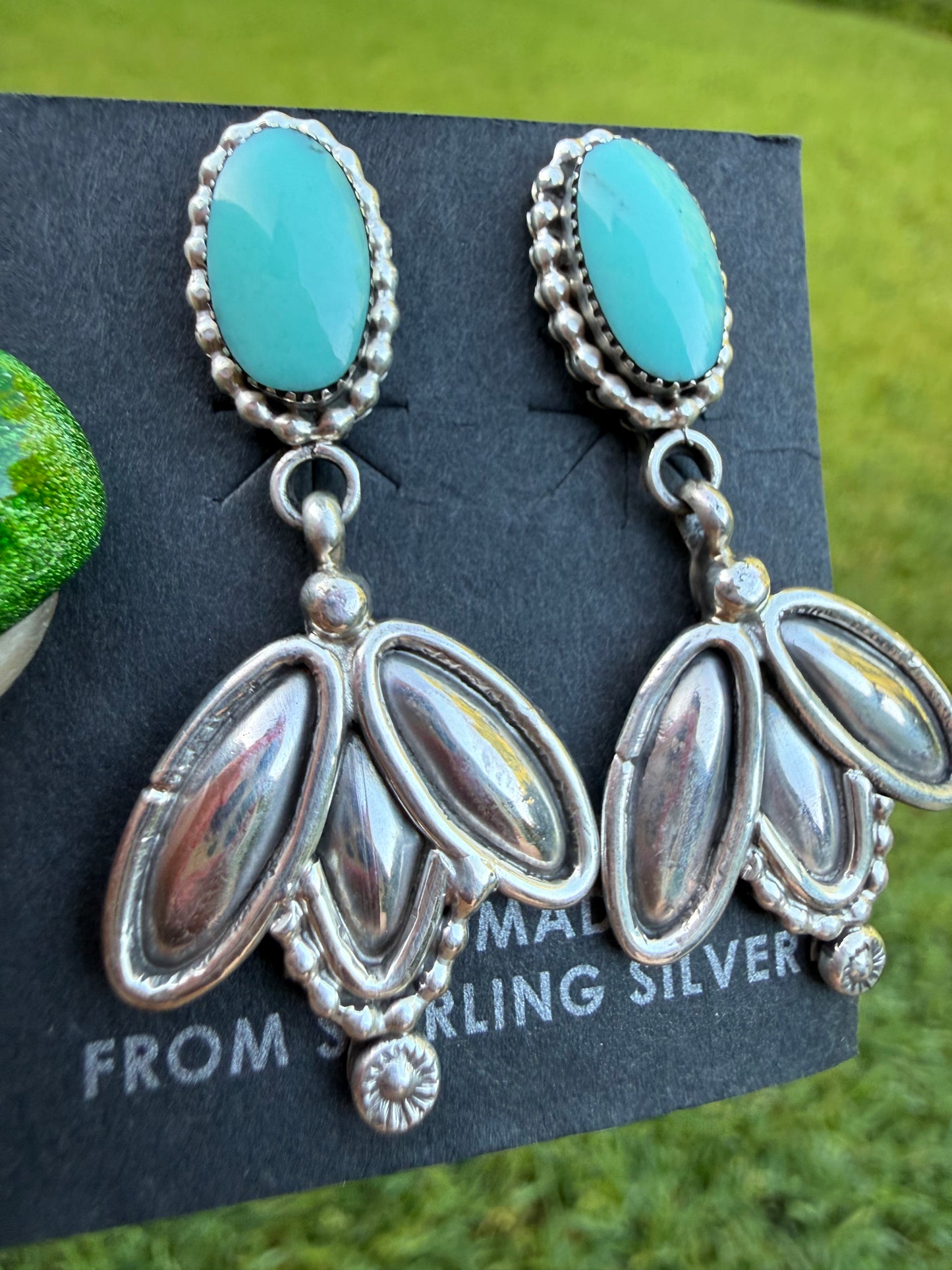 Navajo Turquoise Triple Sterling Silver Oval Drop Earring