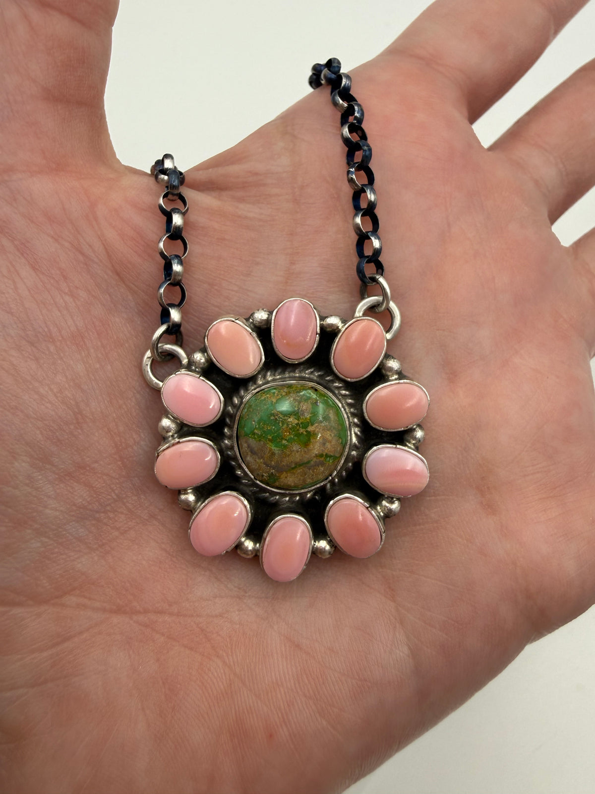 Navajo Sonoran Gold Turquoise and Pink Conch Full Flower Sterling Silver Necklace