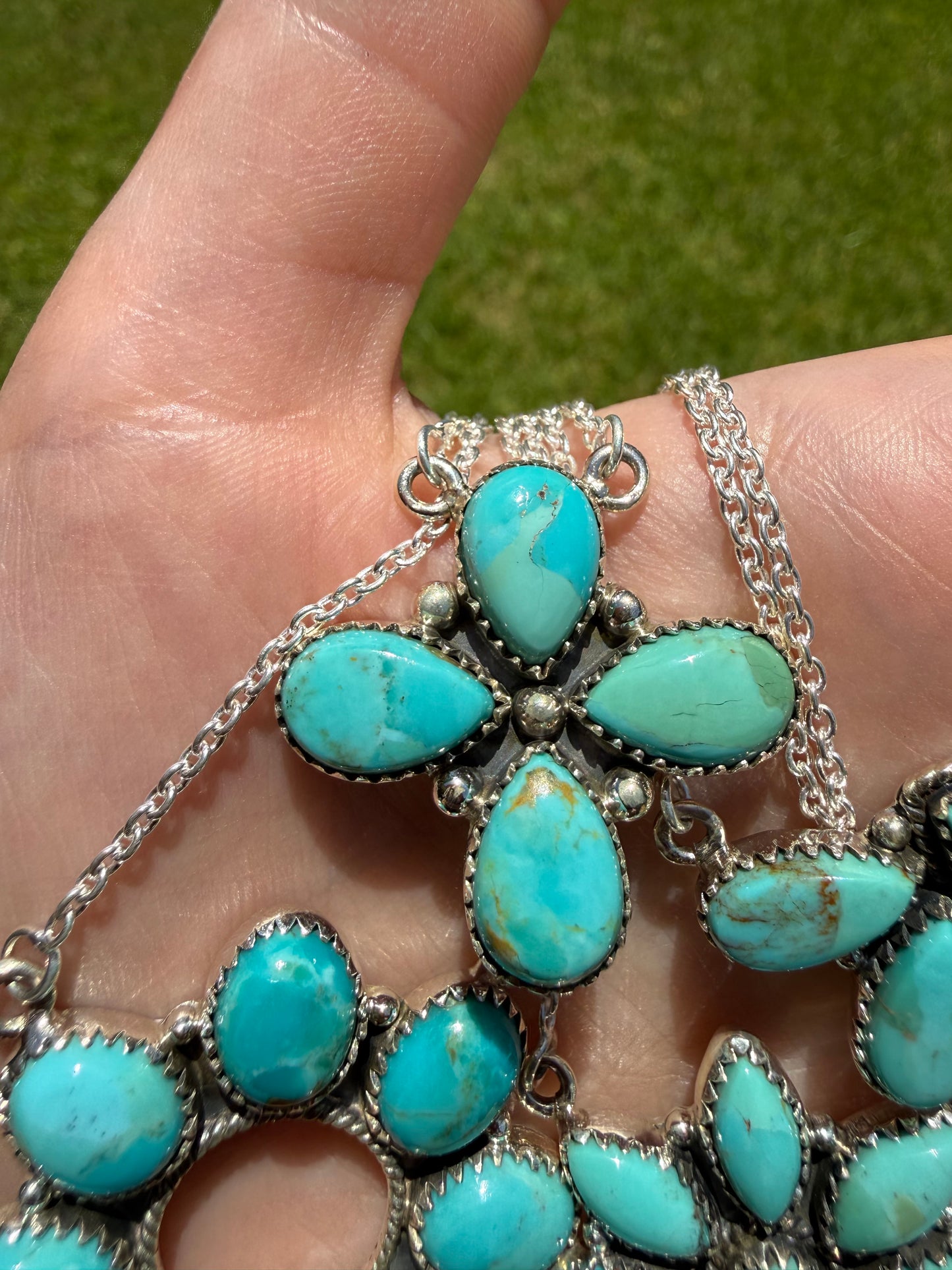 Kingman Turquoise Classic Cluster Sterling Silver Necklace