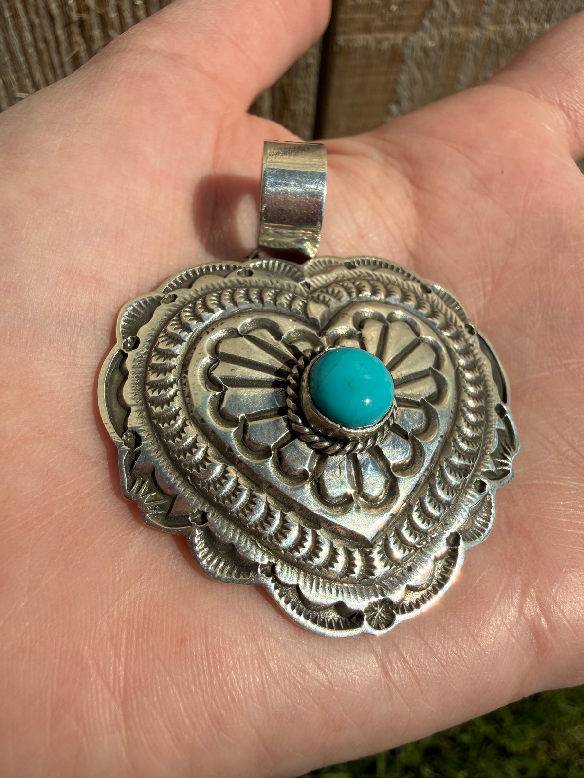 Navajo Turquoise Heart Sterling Silver Stamped Pendant