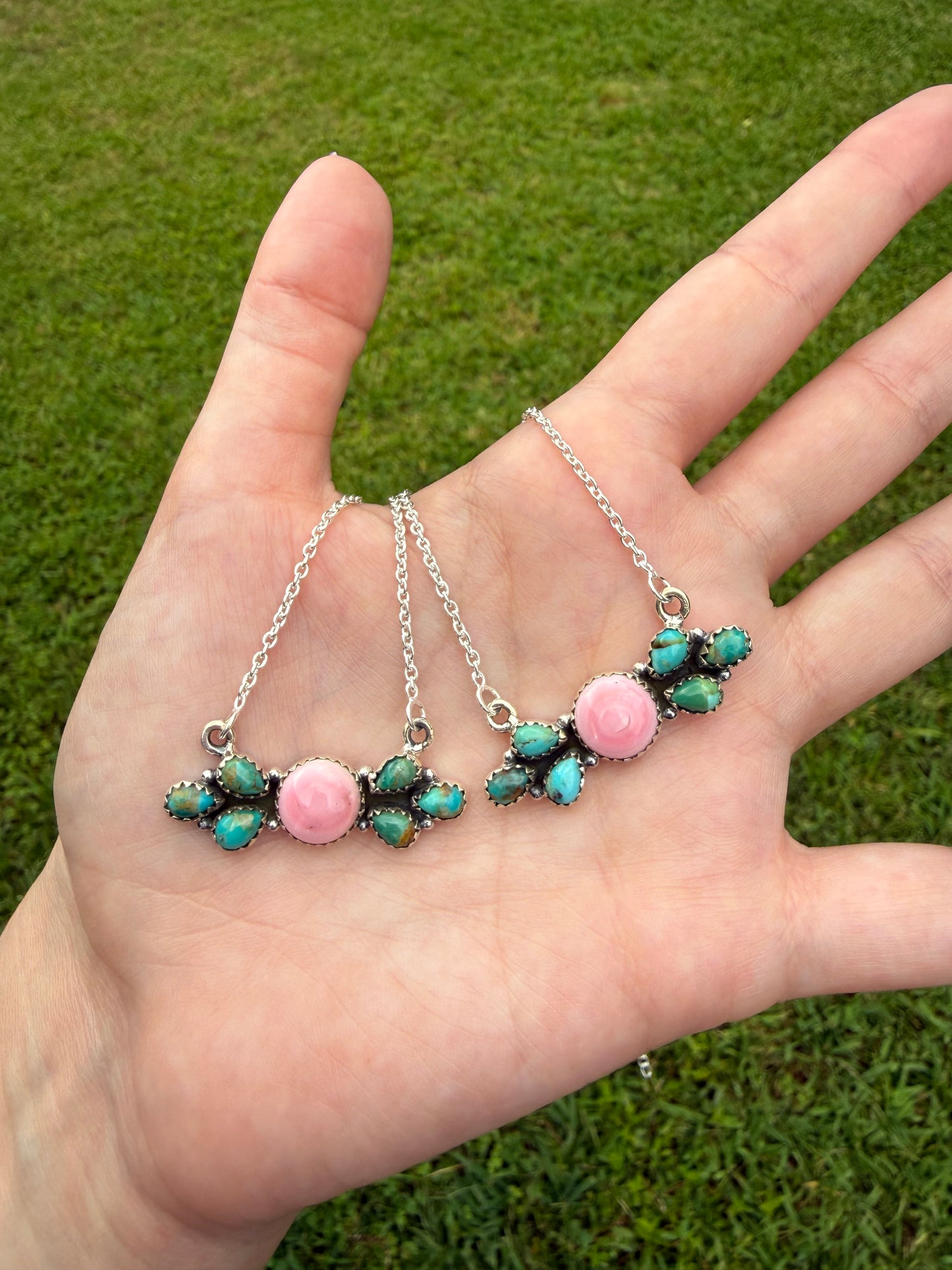 Kingman Turquoise and Pink Conch Sterling Silver Bar Necklace