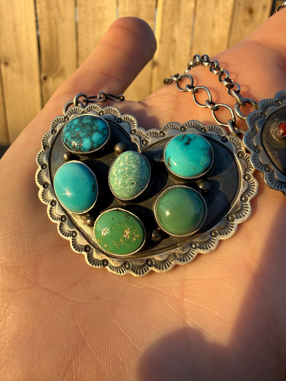 Navajo Turquoise or Coral Star Heart Cluster Sterling Silver Handmade Necklace
