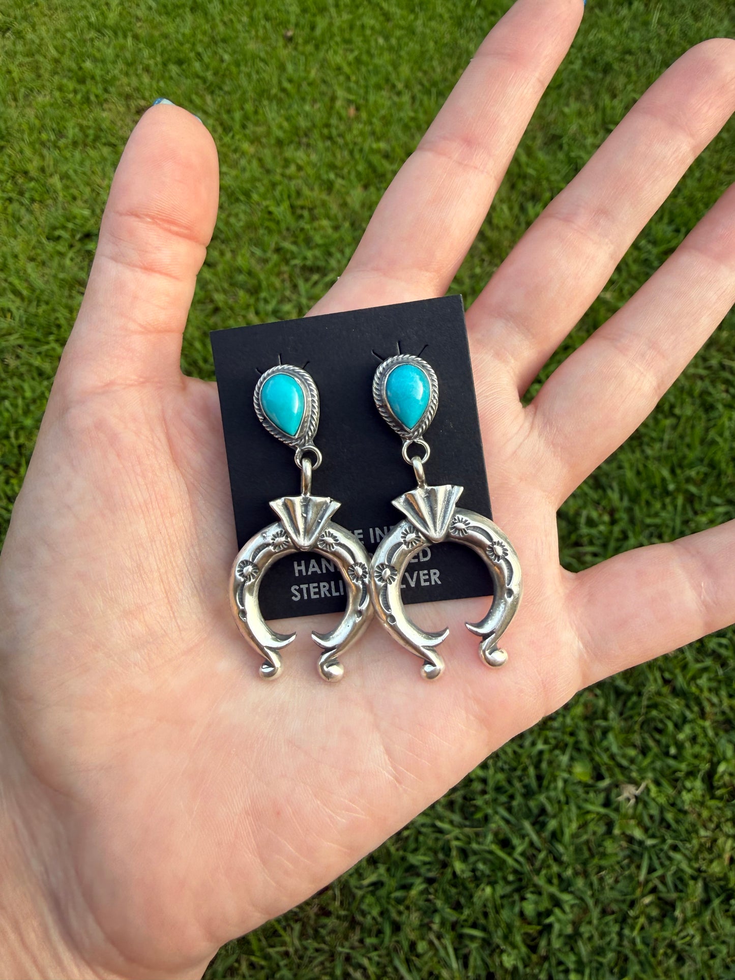 Navajo Turquoise Tear Drop Dangle Naja Sterling Silver Earrings
