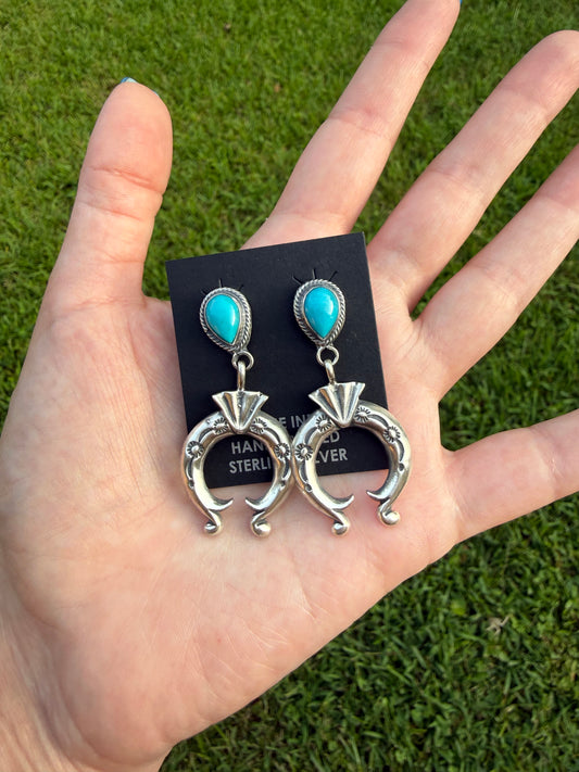 Navajo Turquoise Tear Drop Dangle Naja Sterling Silver Earrings