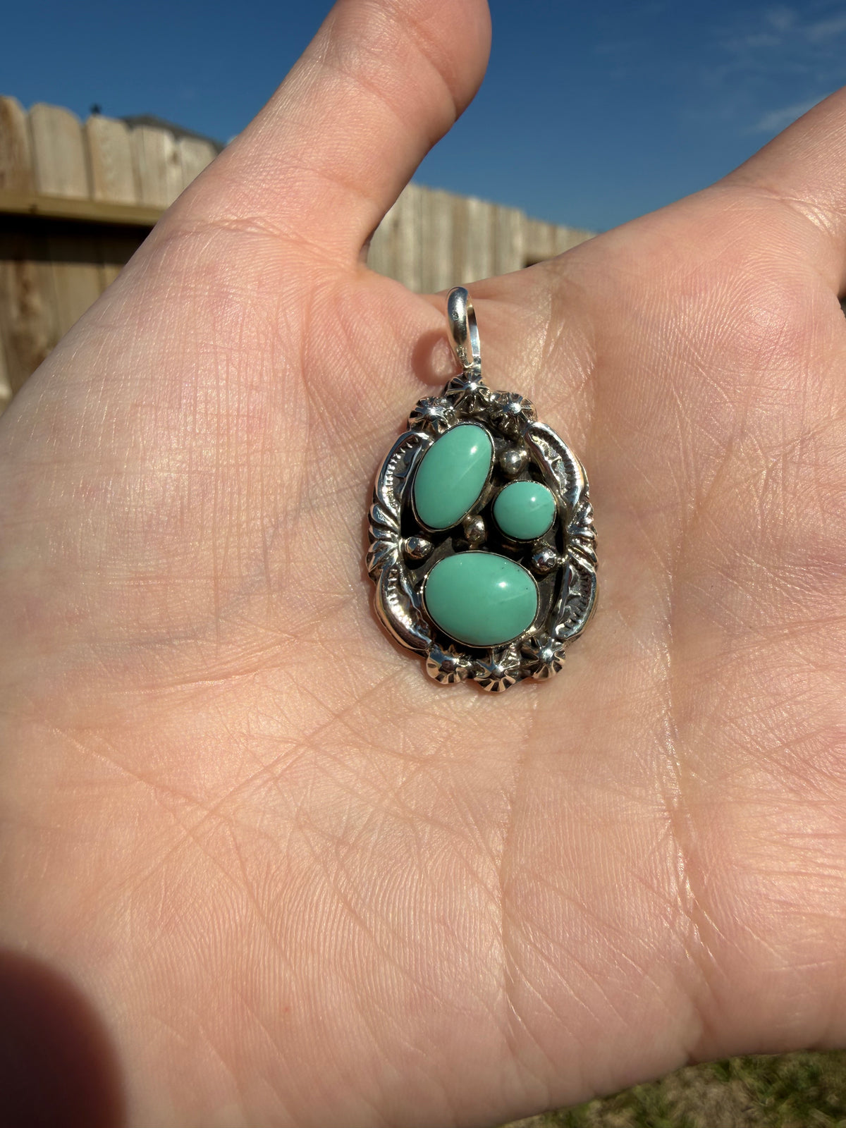 Navajo Turquoise Triple Stone Cluster Sterling Silver Pendant