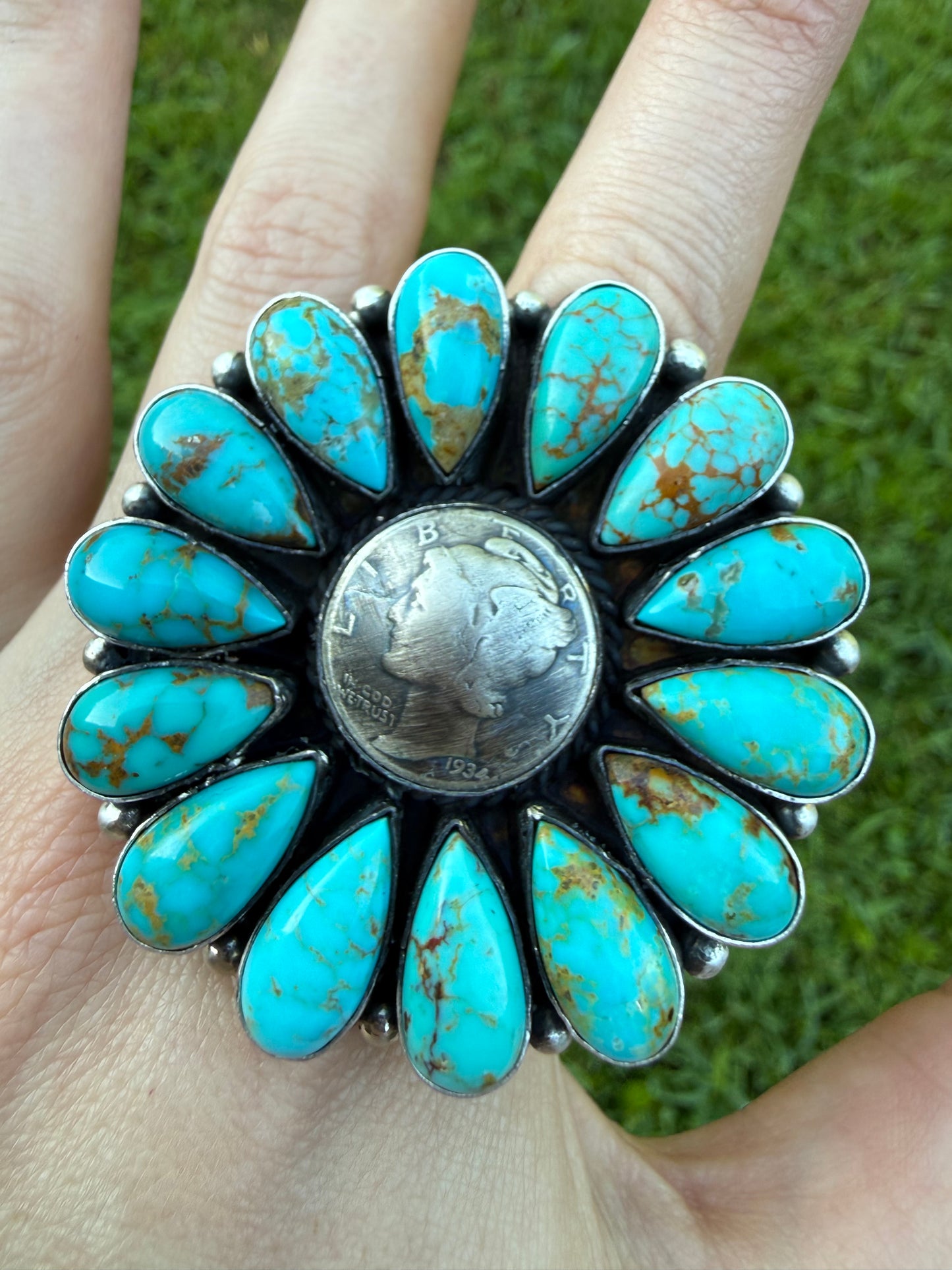 Native Coin Full Flower Kingman Turquoise Sterling Silver Adjustable Ring