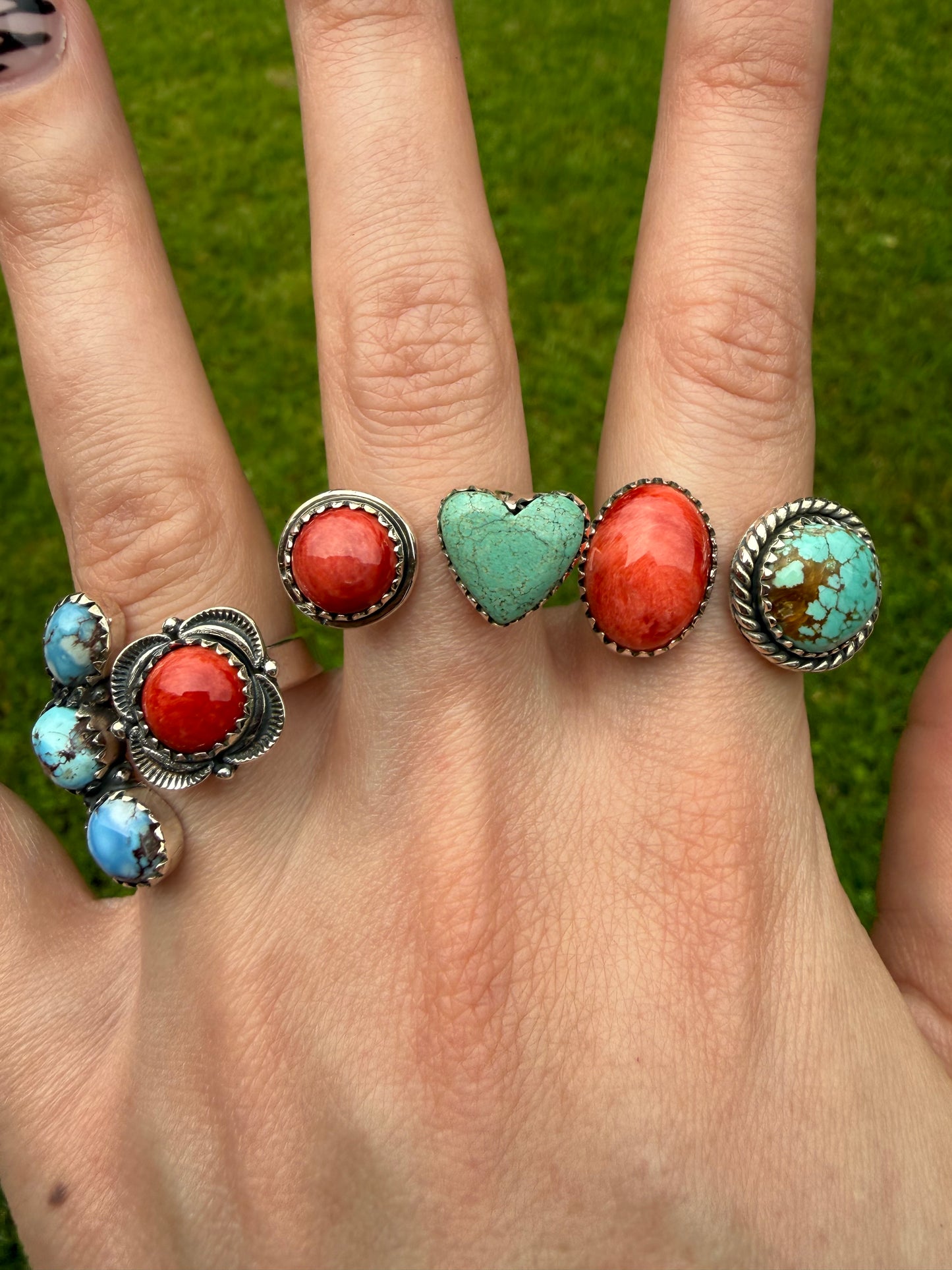 Red Spiny and Turquoise Floater Sterling Silver Rings