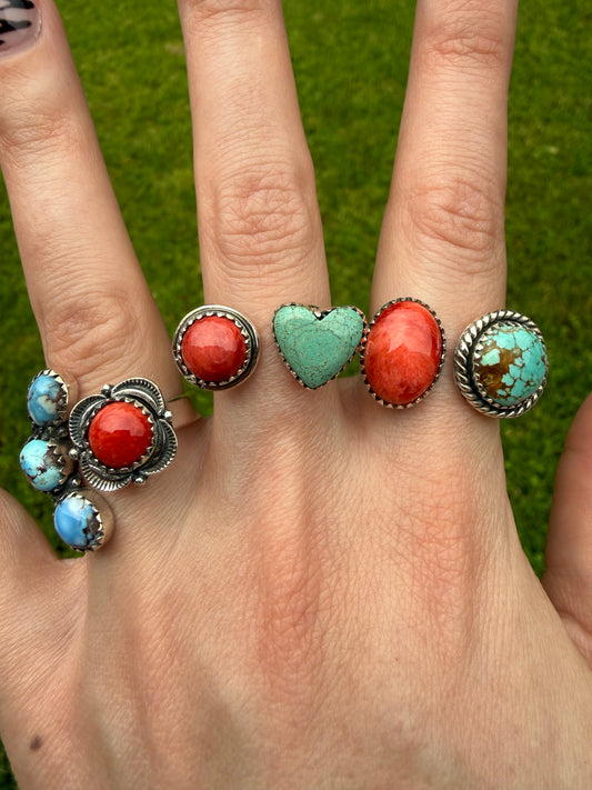 Red Spiny and Turquoise Floater Sterling Silver Rings