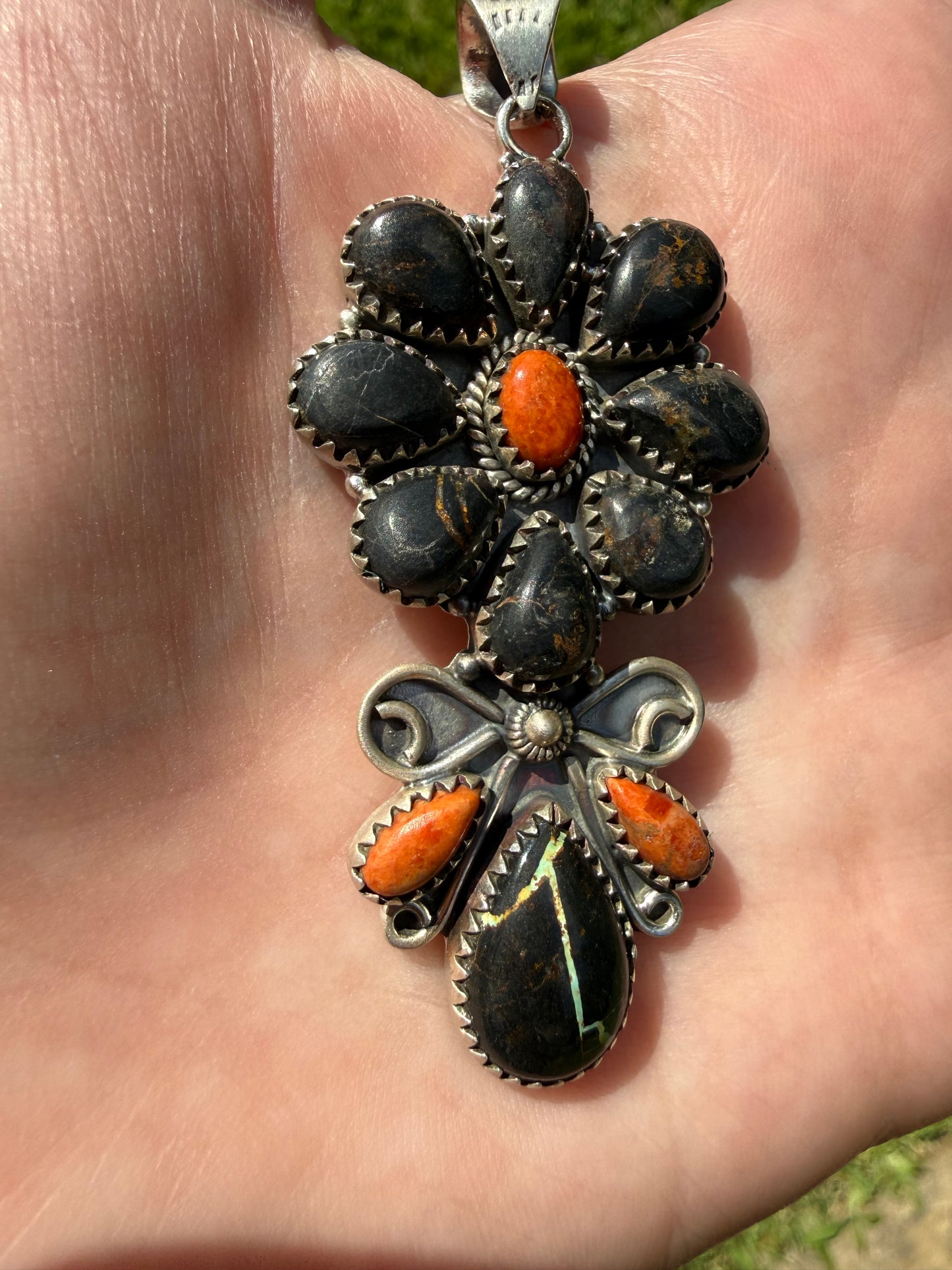Blackjack Turquoise and Orange Mojave Full Flower Sterling Silver Statement Pendant