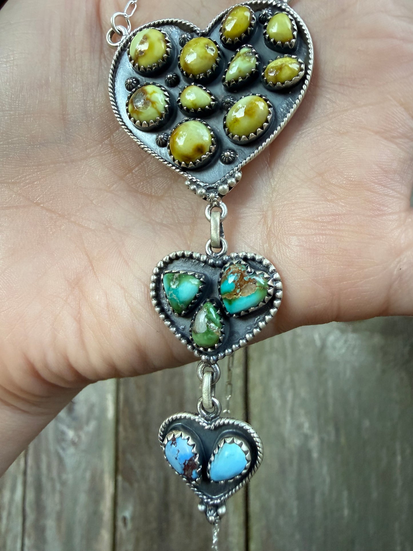 Palomino, Sonoran Gold, and Golden Hills Turquoise Triple Heart Statement Lariat Necklace