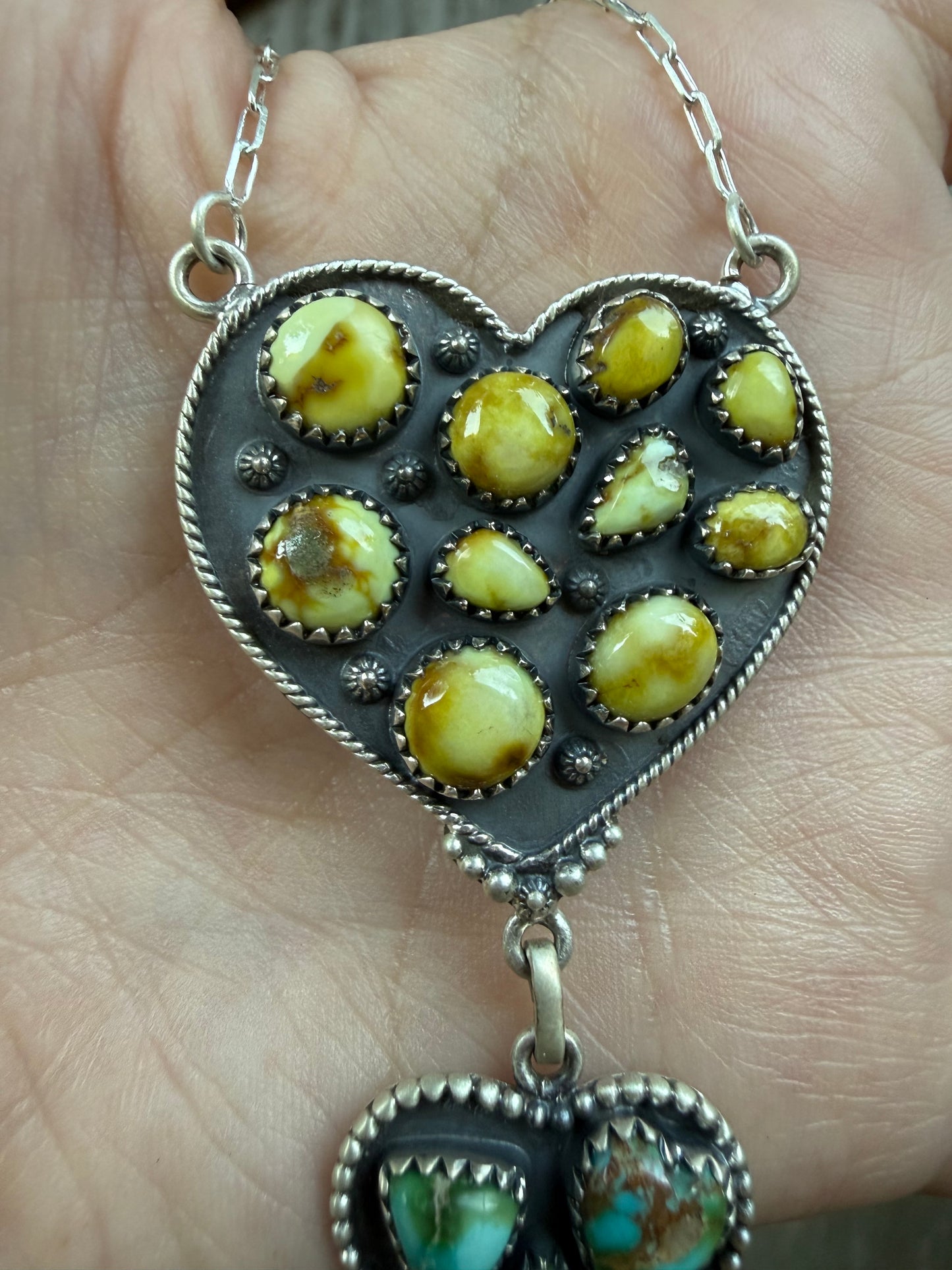 Palomino, Sonoran Gold, and Golden Hills Turquoise Triple Heart Statement Lariat Necklace