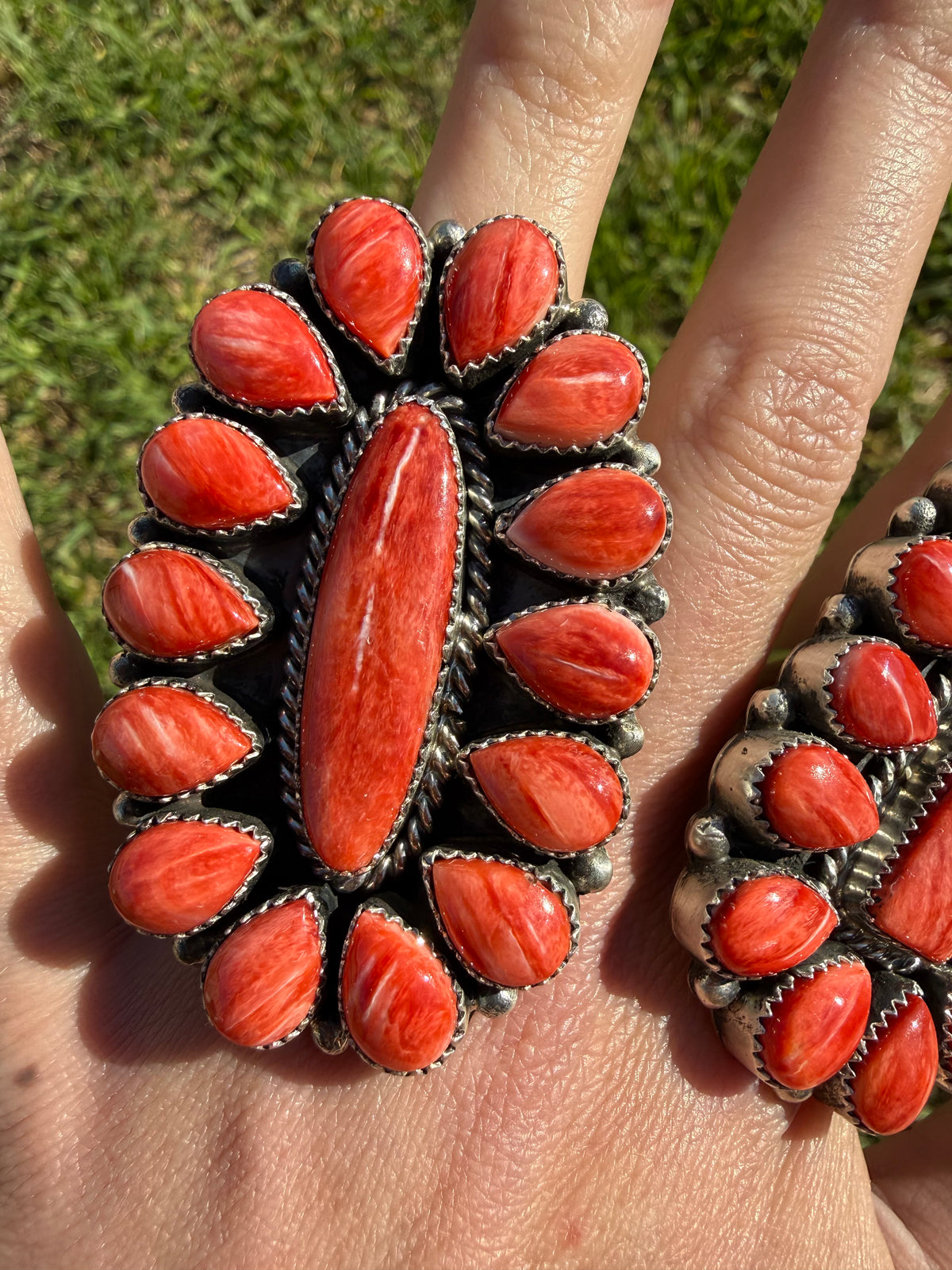 Navajo Red Spiny Big Statement Full Flower Cluster Sterling Silver Adjustable Ring