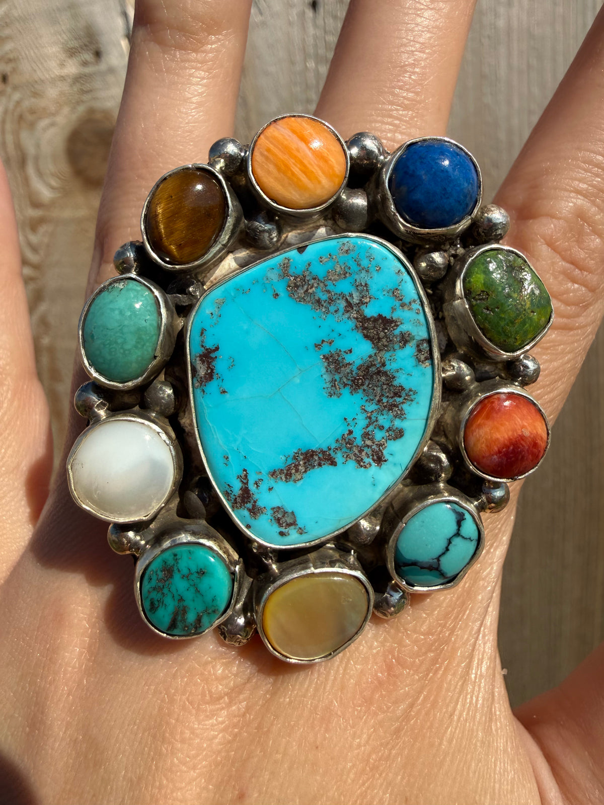 Navajo Multi Stone Big Statement Full Flower Cluster Adjustable Sterling Silver Ring