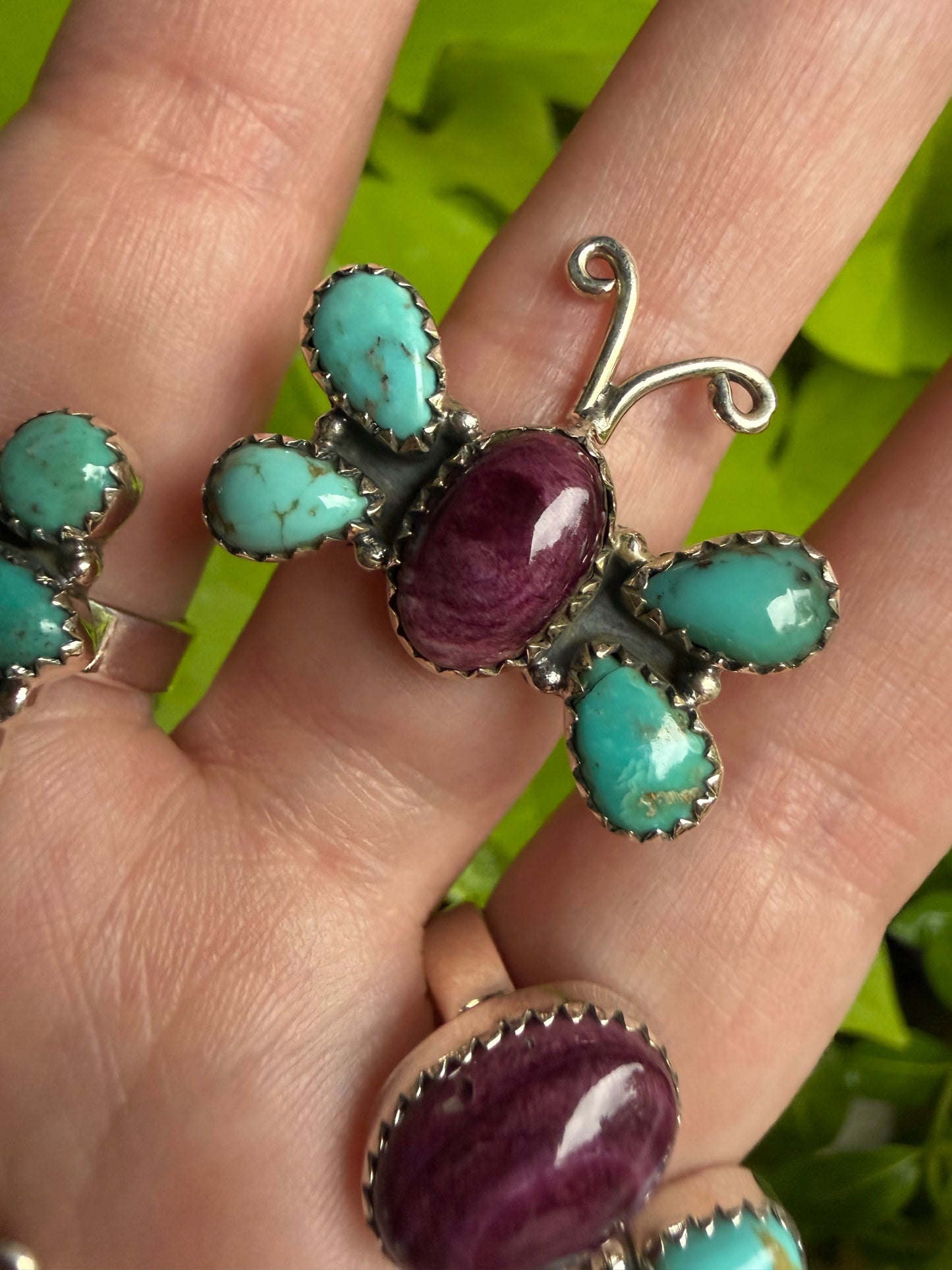 Kingman Turquoise and Purple Spiny Cluster Sterling Silver Ring or Necklace