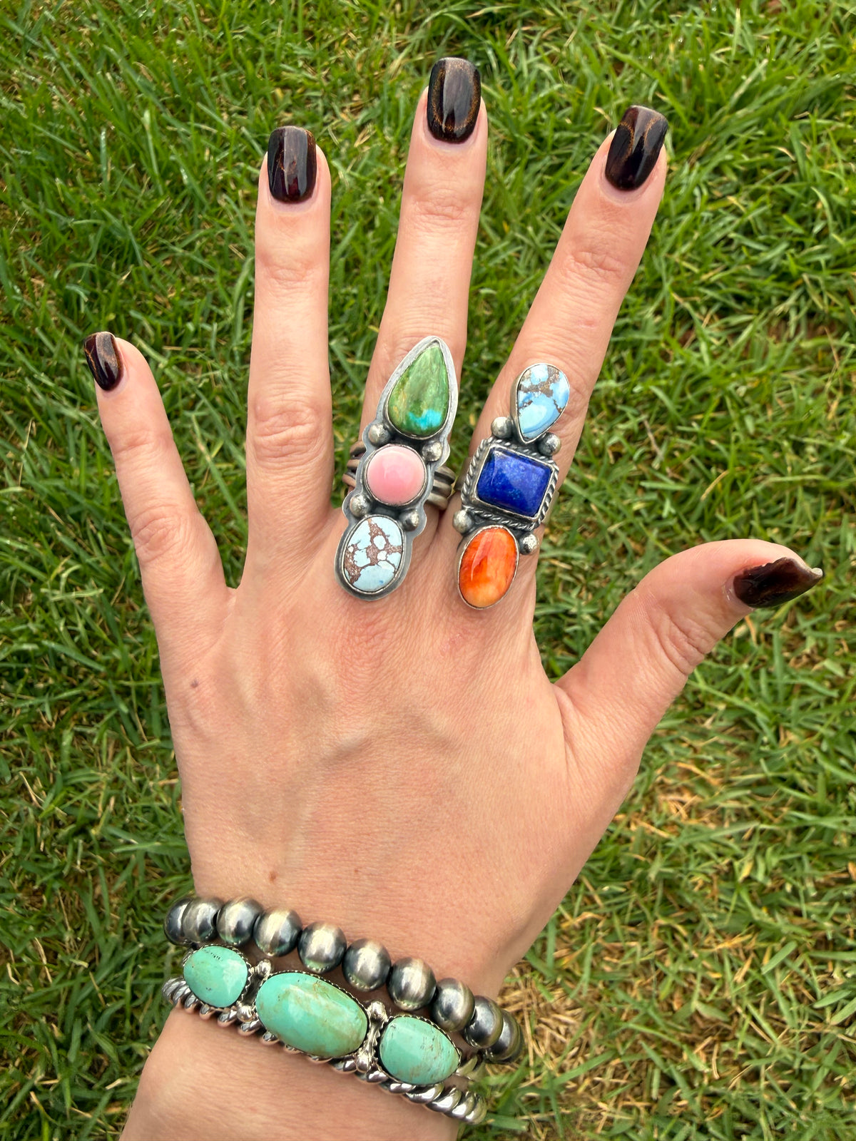 Navajo Multi Stone Turquoise Crawler Sterling Silver Adjustable Ring