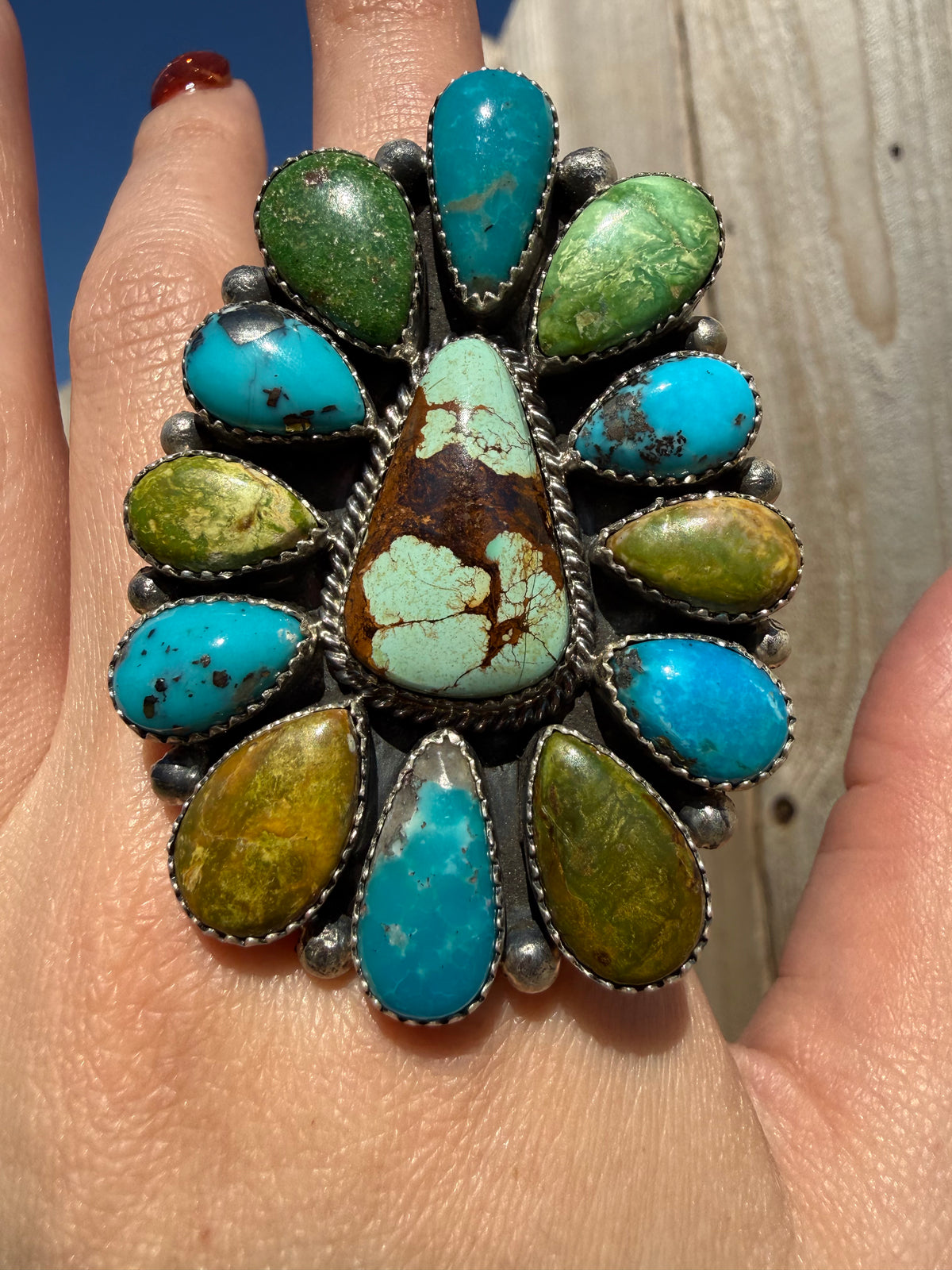 Navajo Big Multi Turquoise Full Flower Cluster Sterling Silver Adjustable Ring
