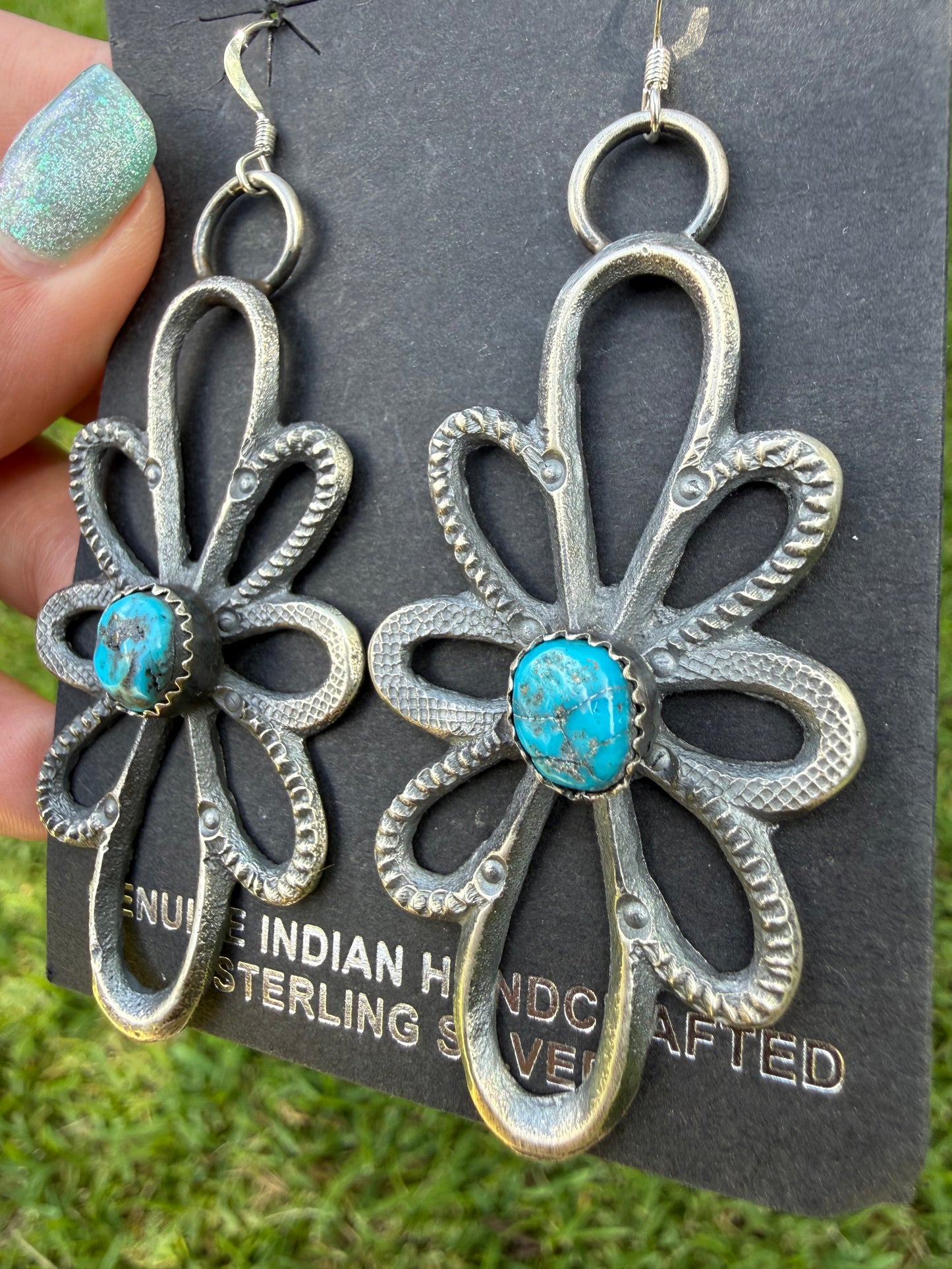 Navajo Turquoise Sterling Silver Big Flower Dangle Earrings