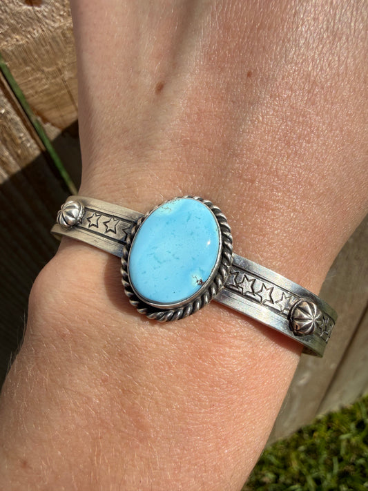 Navajo Golden Hills Turquoise Star Stamped Sterling Silver Cuff Bracelet