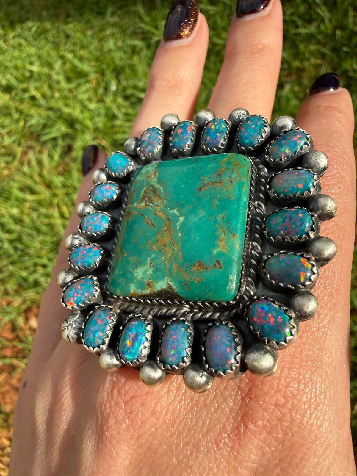 Navajo Turquoise and Balloon Opal Big Mama Square Sterling Silver Adjustable Statement Ring