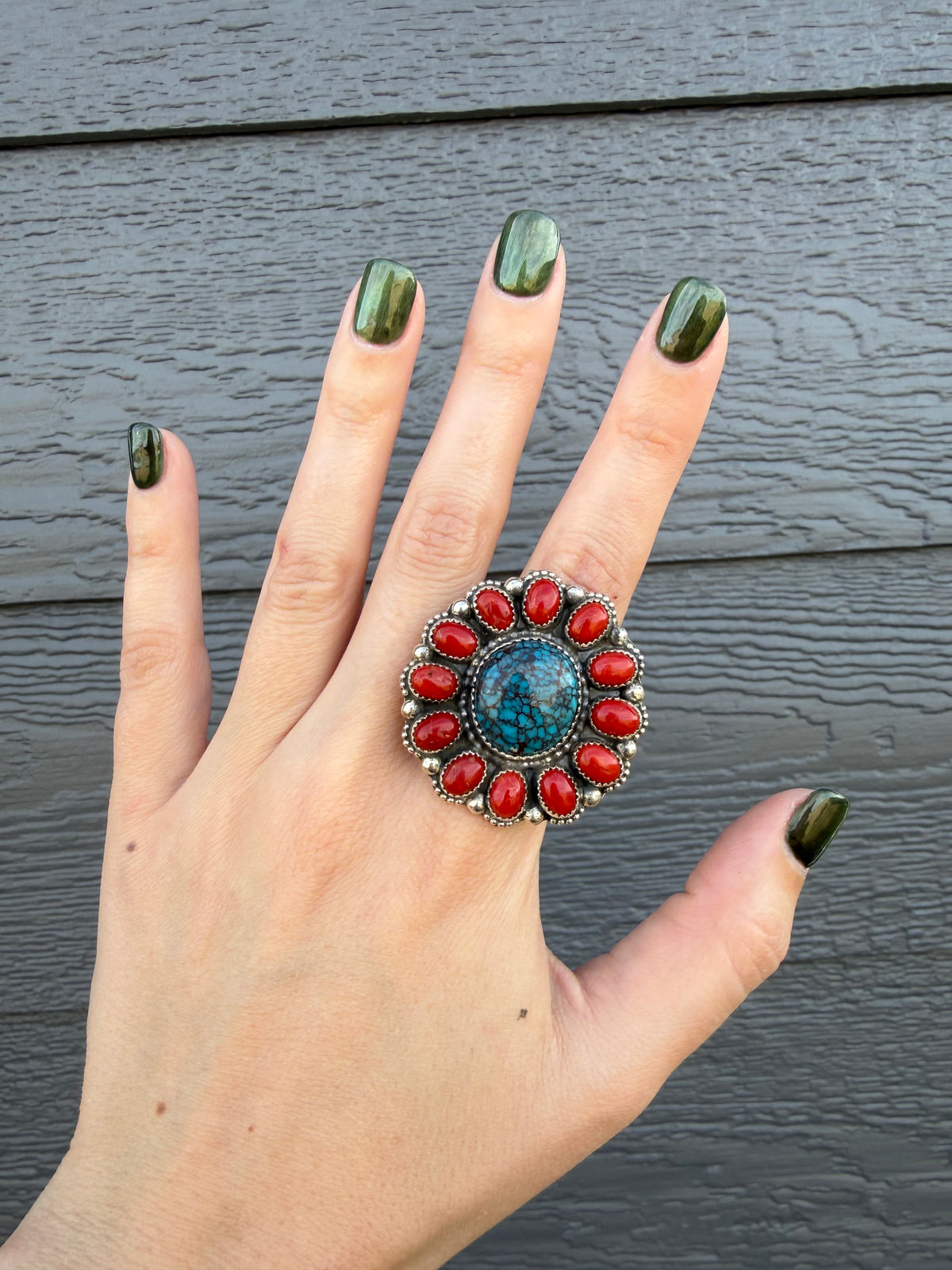 Navajo Webbed Kingman Turquoise and Coral Full Flower Adjustable Sterling Silver Ring