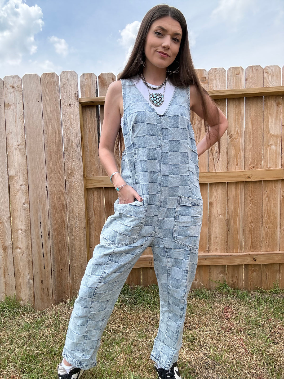 Thee Blue Brick Jumpsuit Denim Checkered Block Overall Jumpsuit