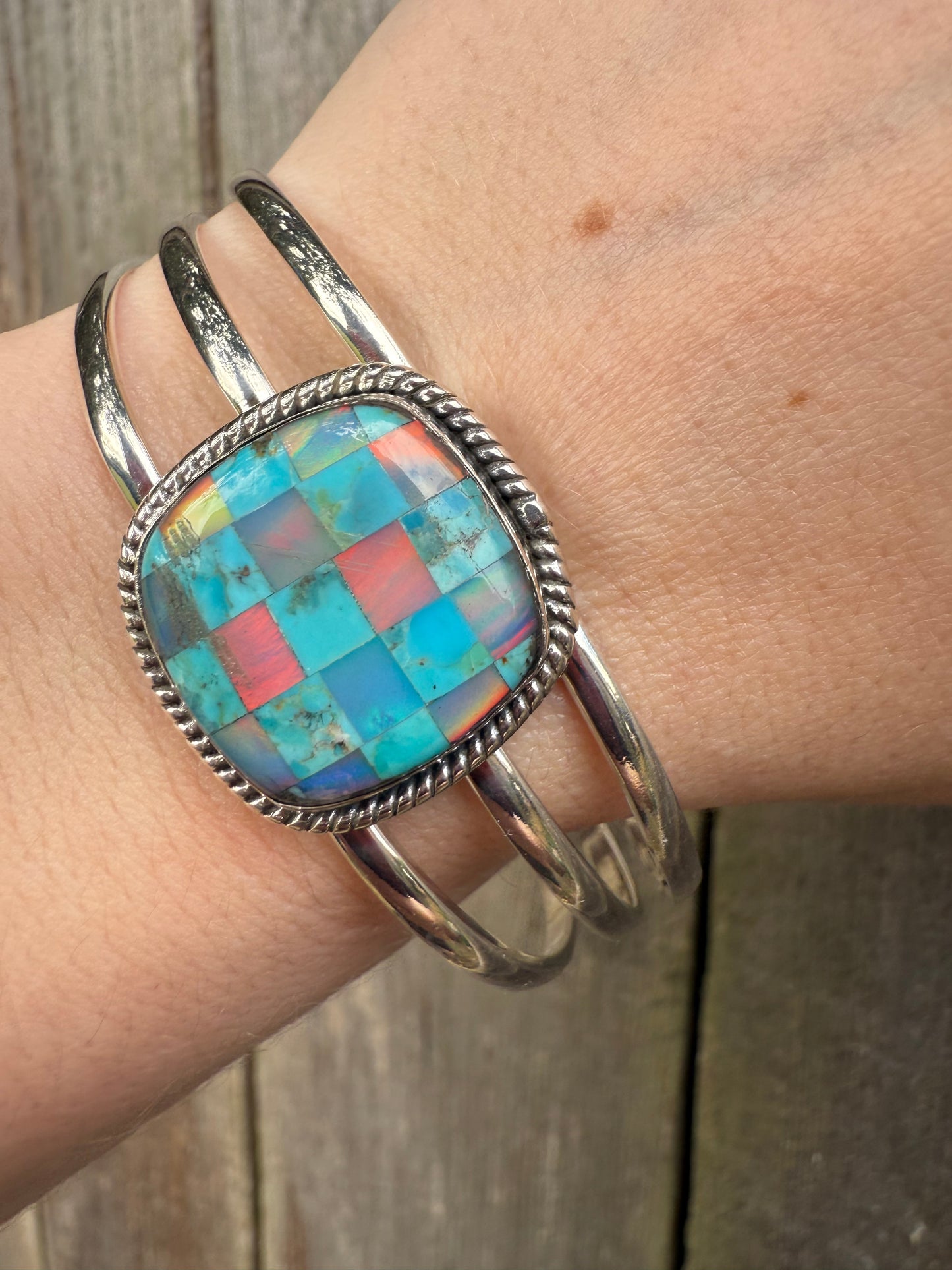 Mojave Turquoise and Aurora Opal Sterling Silver Checkered Cuff