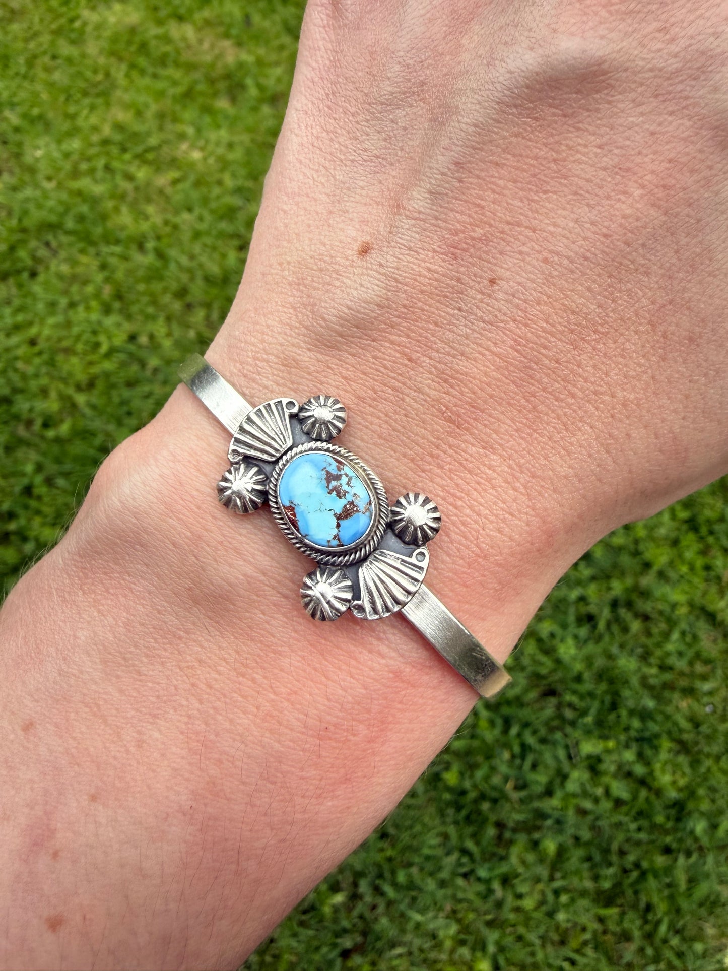 Navajo Golden Hills Turquoise Bow Tie Sterling Silver Stacker Cuff Bracelet