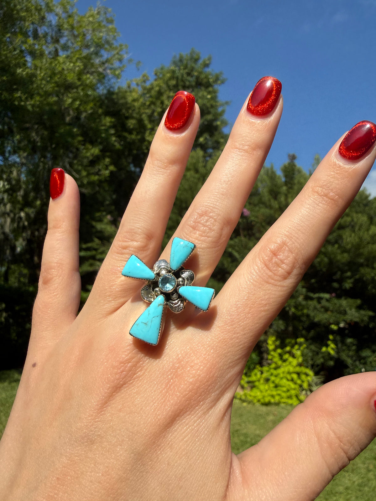 Navajo Turquoise and Blue Topaz Sterling Silver Ring - Size 7