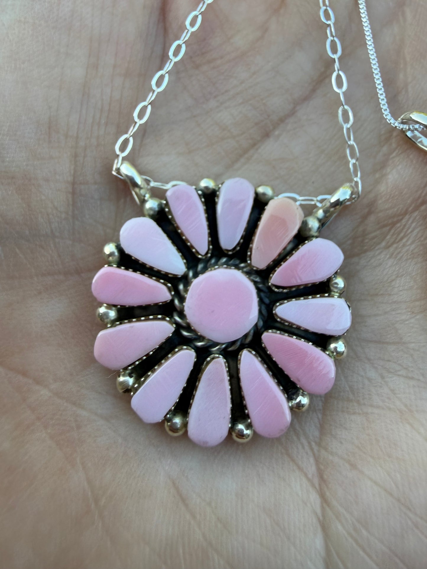 Navajo Turquoise or Pink Conch Full Flower Sterling Silver Necklace
