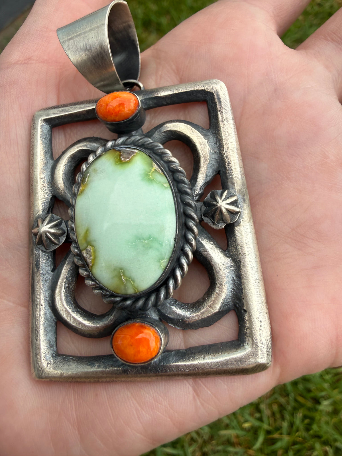 Navajo Palomino and Orange Spiny Statement Square Sterling Silver Pendant