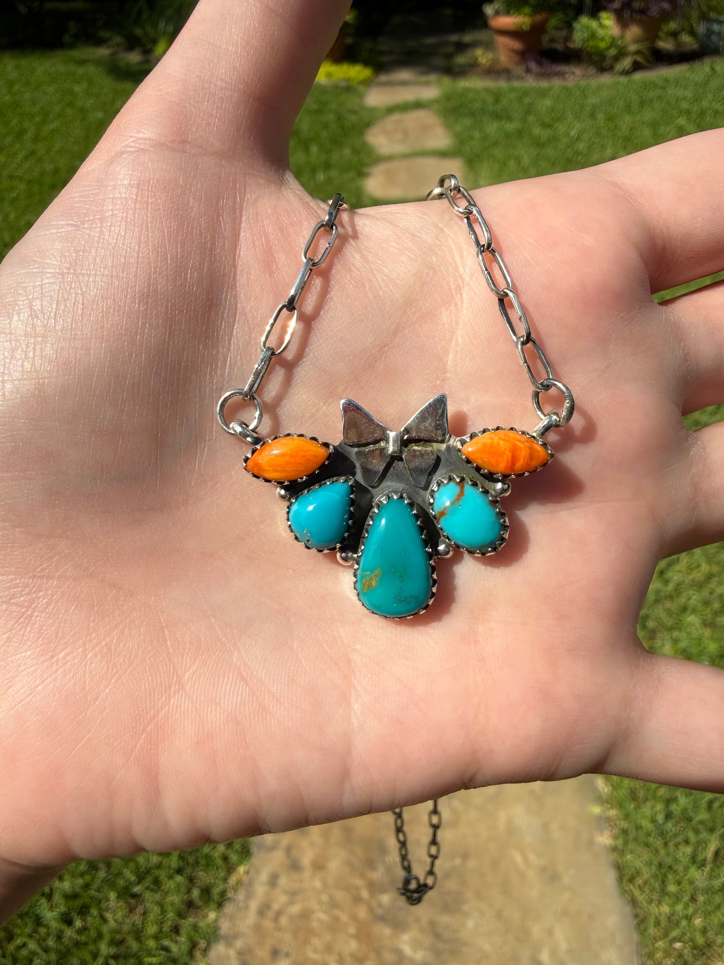 Turquoise and Orange Spiny Butterfly Half Flower Sterling Silver Necklace