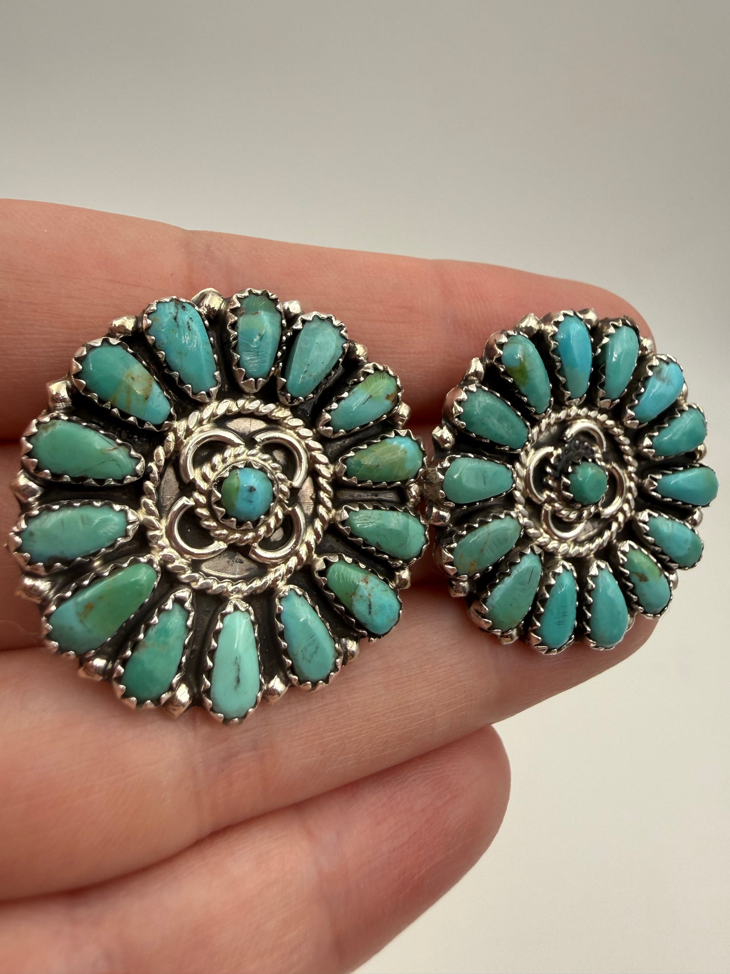 Native Turquoise Full Flower Cluster Sterling Silver Earrings