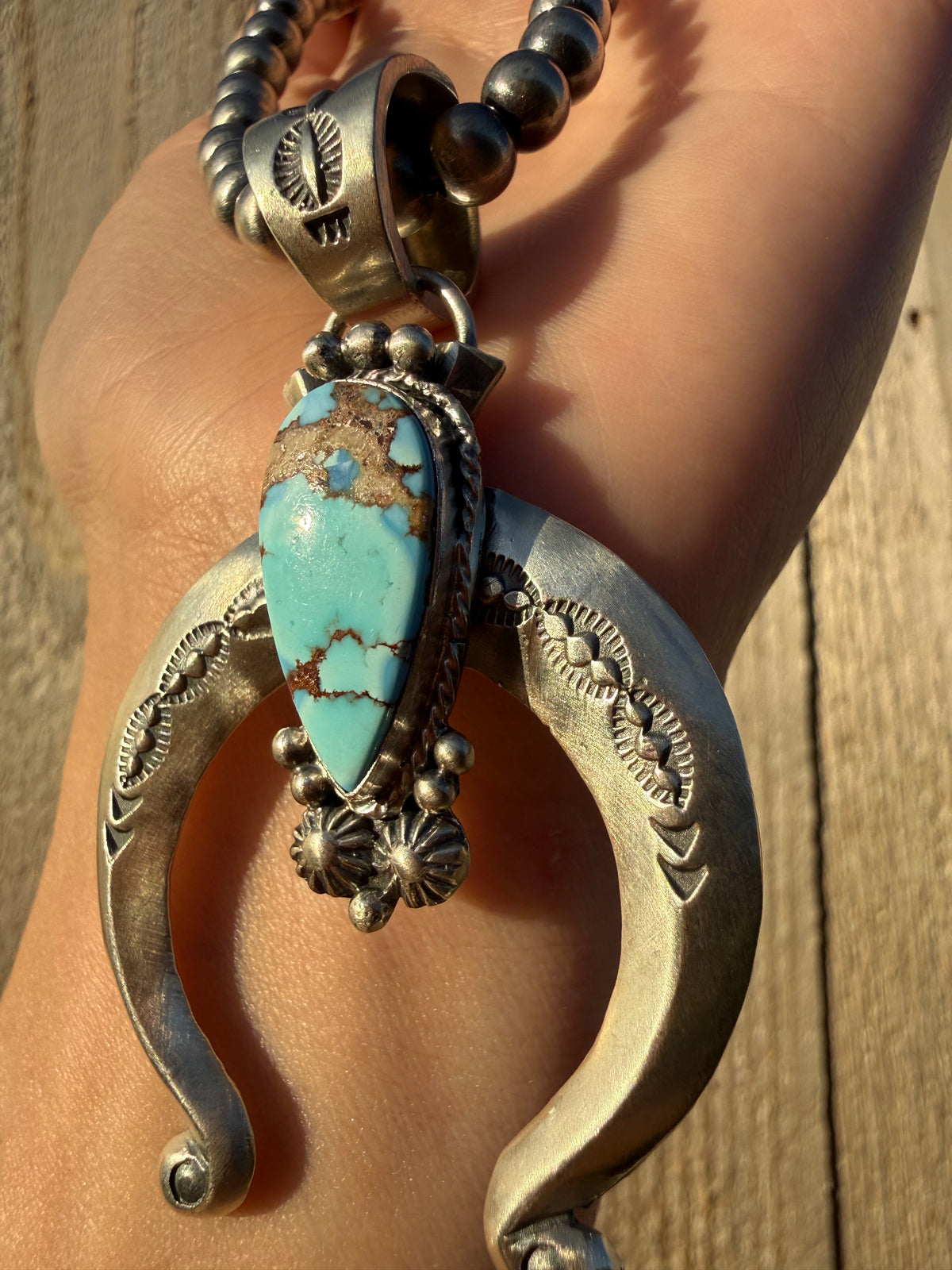 Navajo Golden Hills Turquoise Naja Sterling Silver with Desert Pearl Necklace
